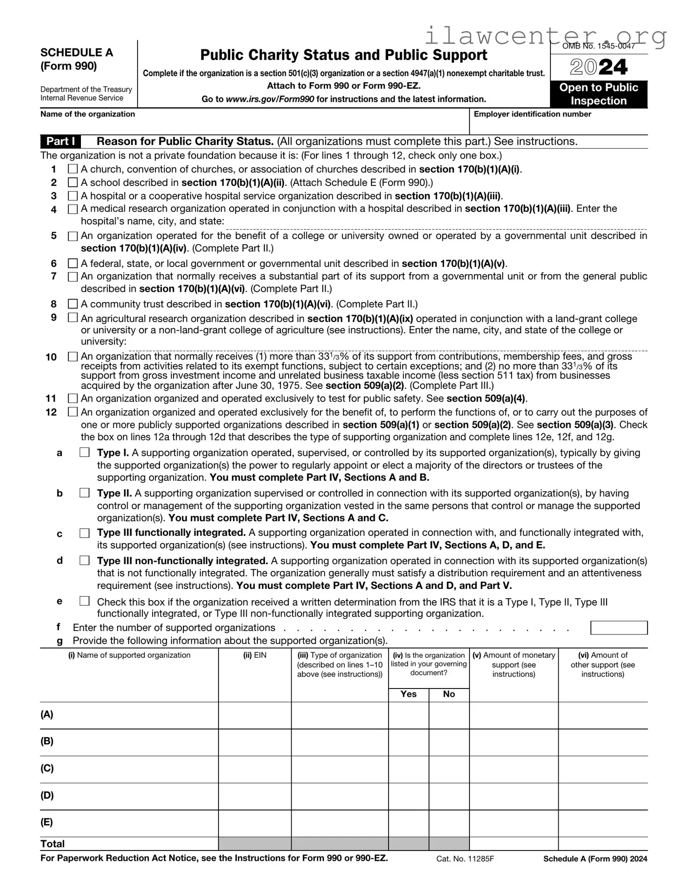 IRS Schedule A 990 or 990-EZ PDF Template