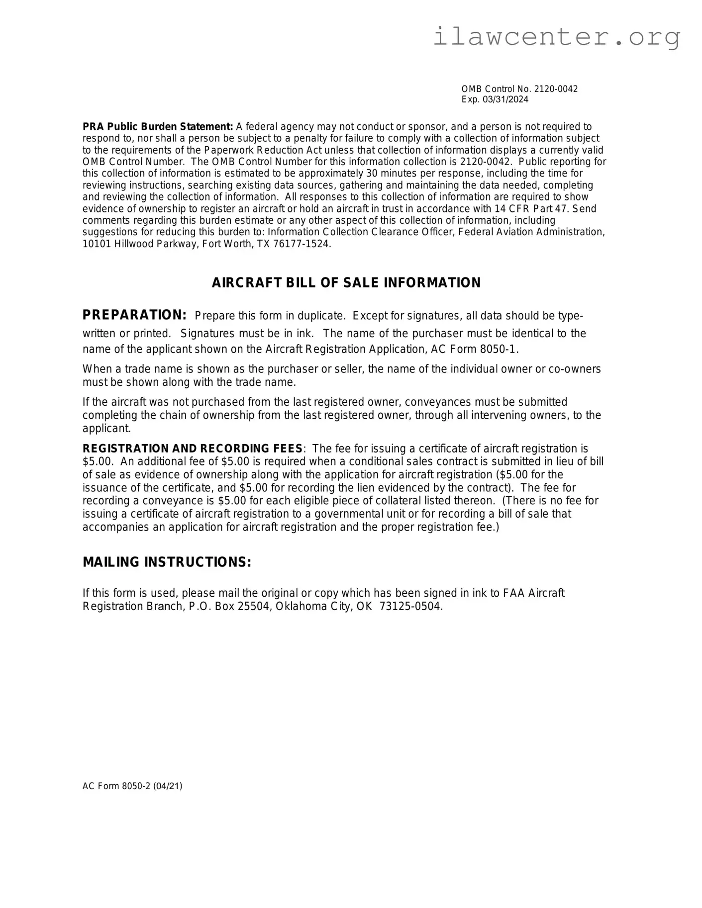 Aircraft Bill of Sale AC 8050-2 PDF Template