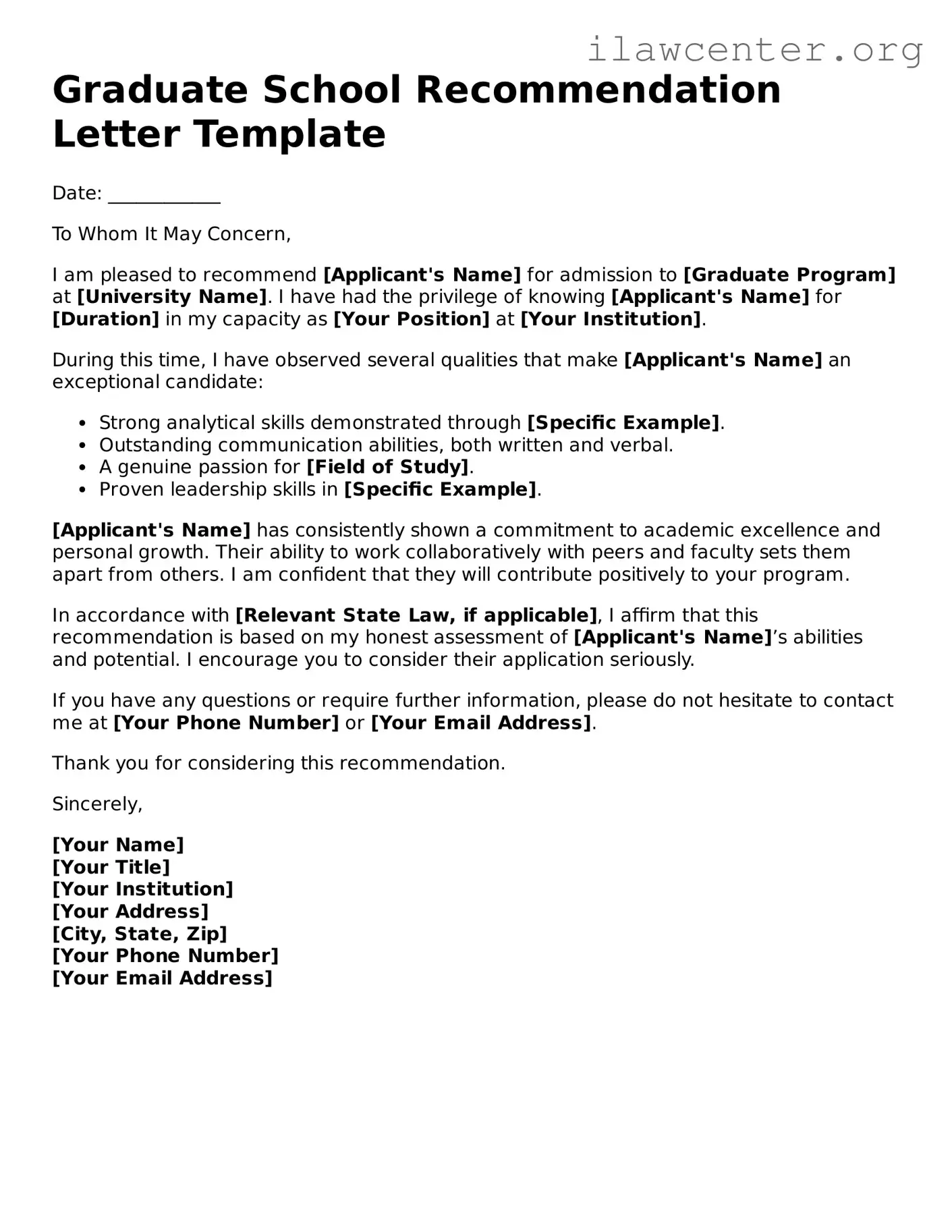 Fillable Graduate School Recommendation Letter Document