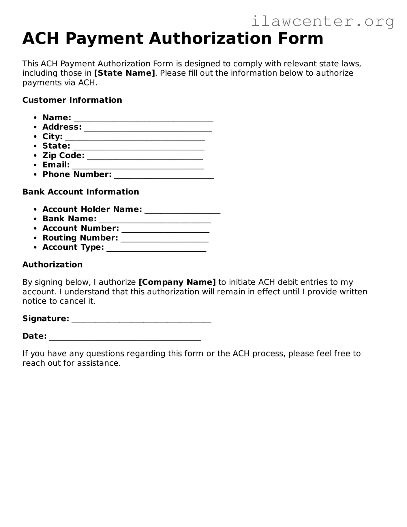 Fillable ACH Payment Authorization Form Document