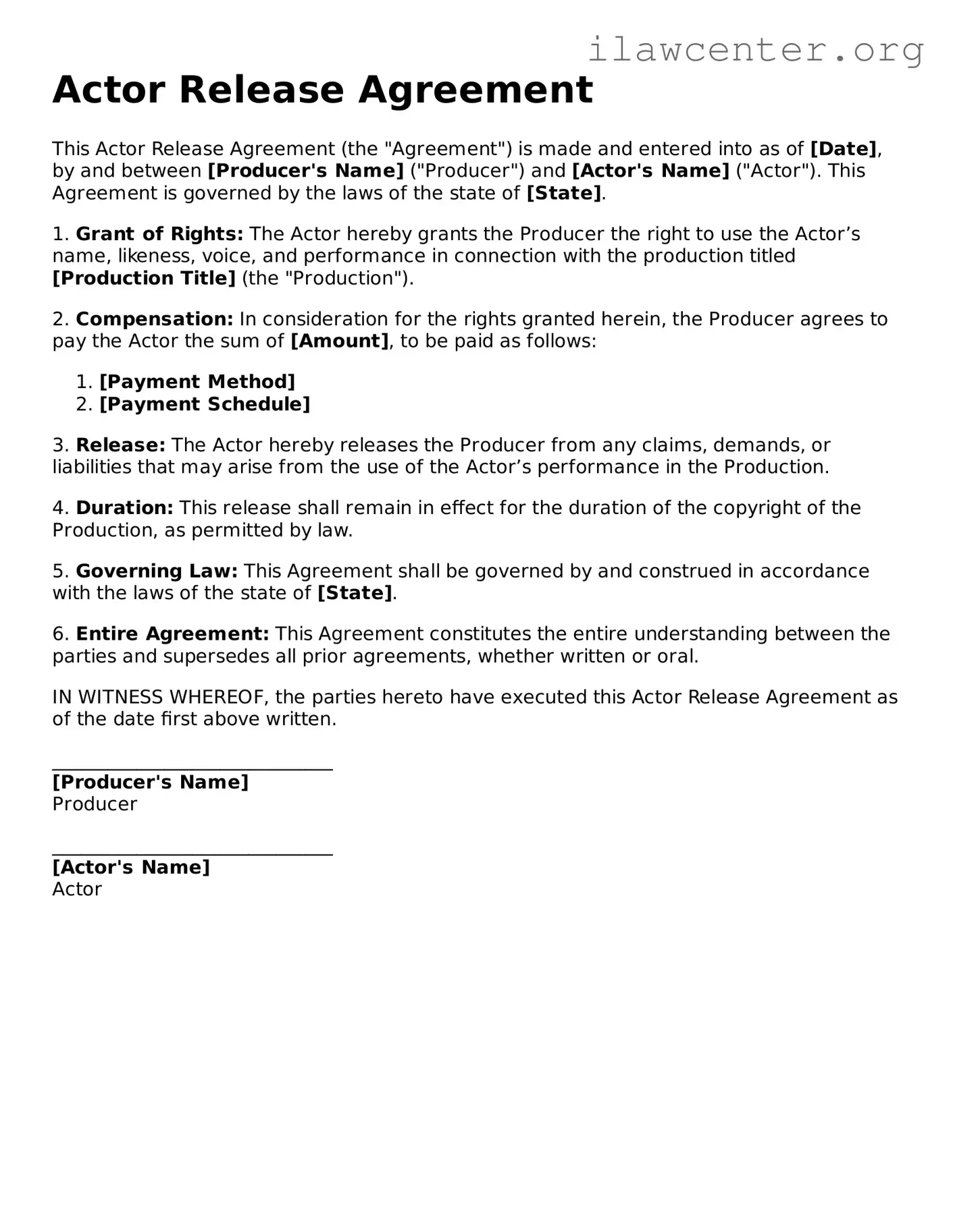 Fillable Actor Release Document