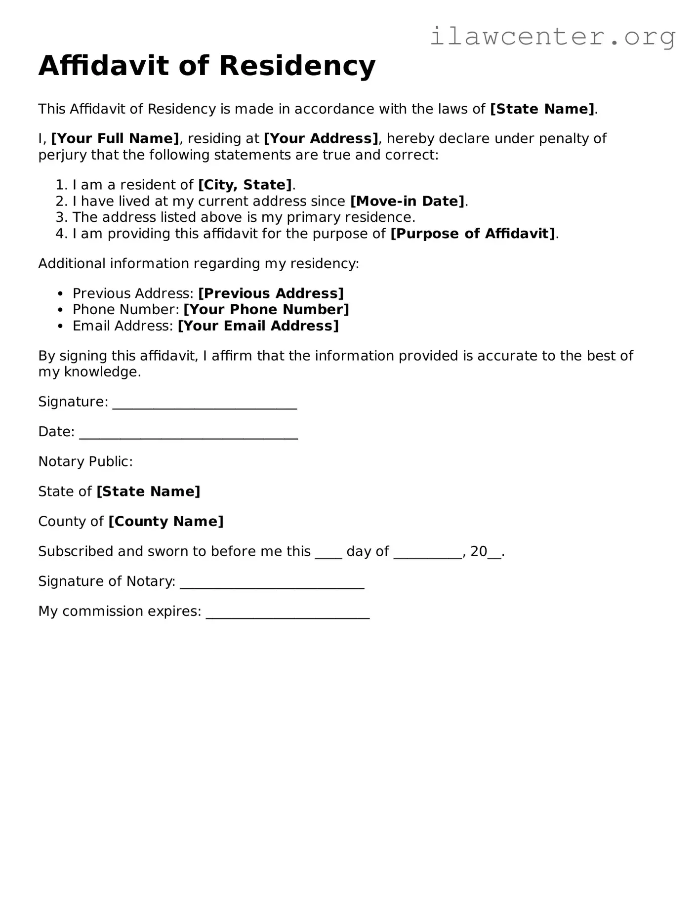 Fillable Affidavit of Residency Document