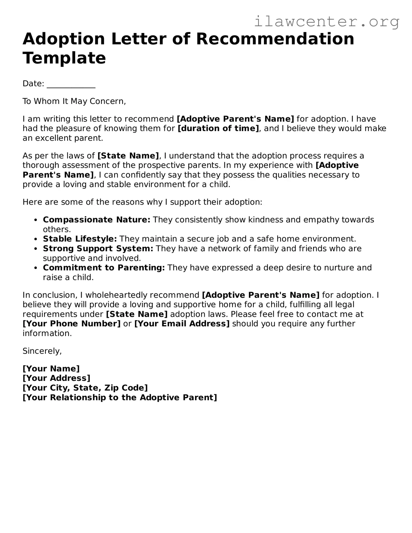 Fillable Adoption Letter of Recommendation Document