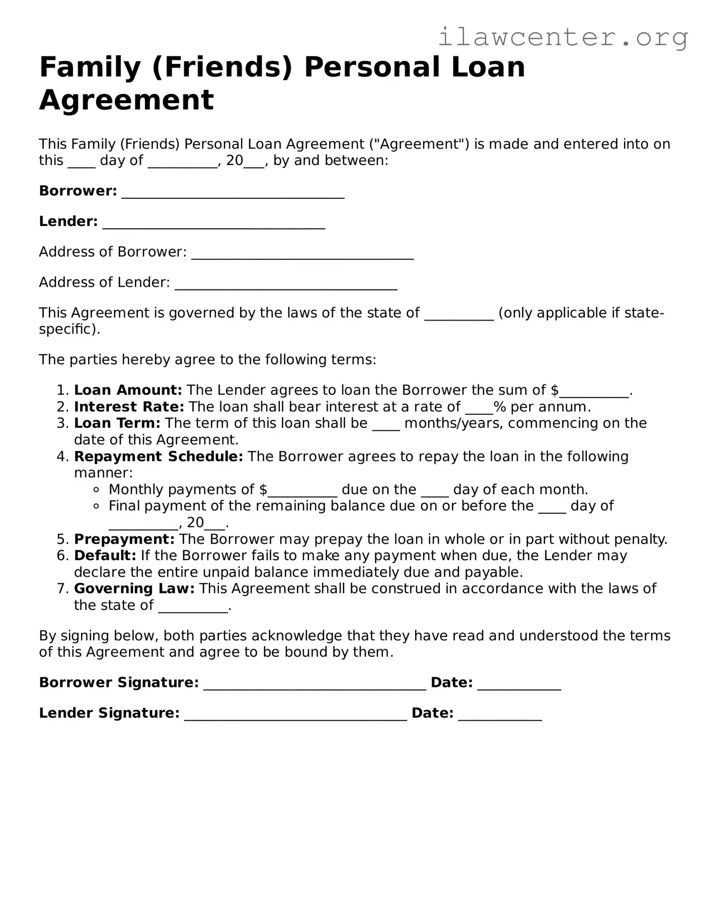 Fillable Family (Friends) Personal Loan Agreement Document