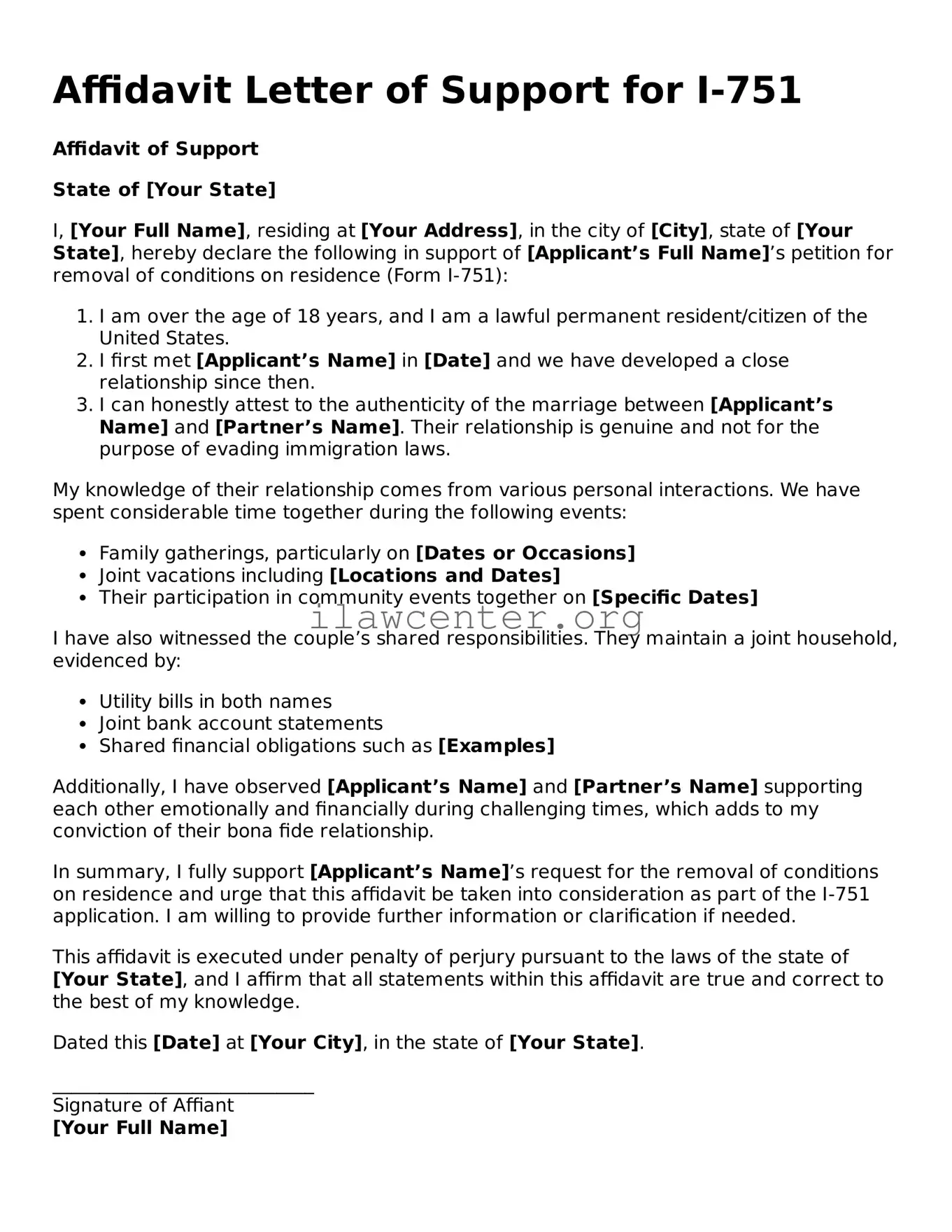 Fillable Affidavit Letter of Support for I-751 Document