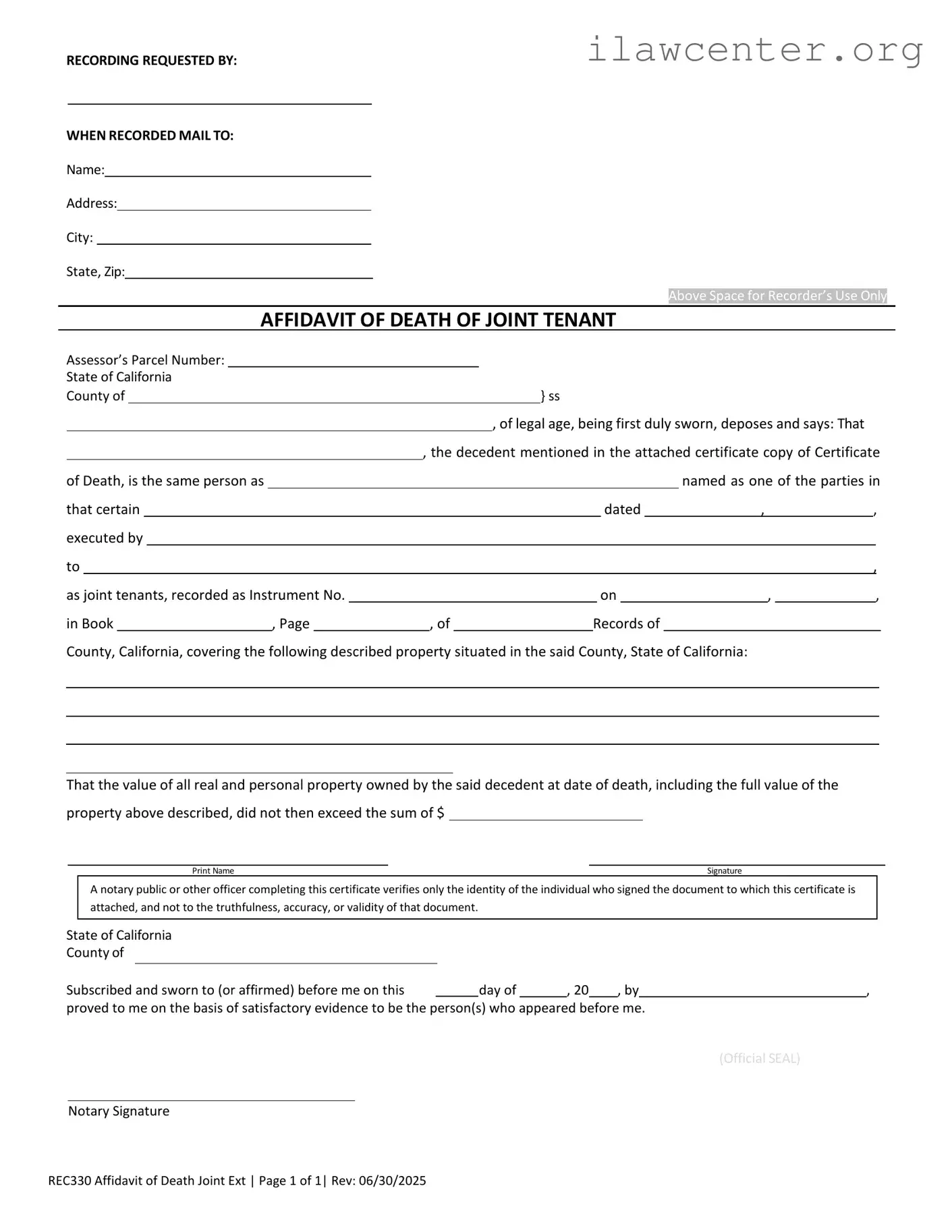 California Death of a Joint Tenant Affidavit PDF Template