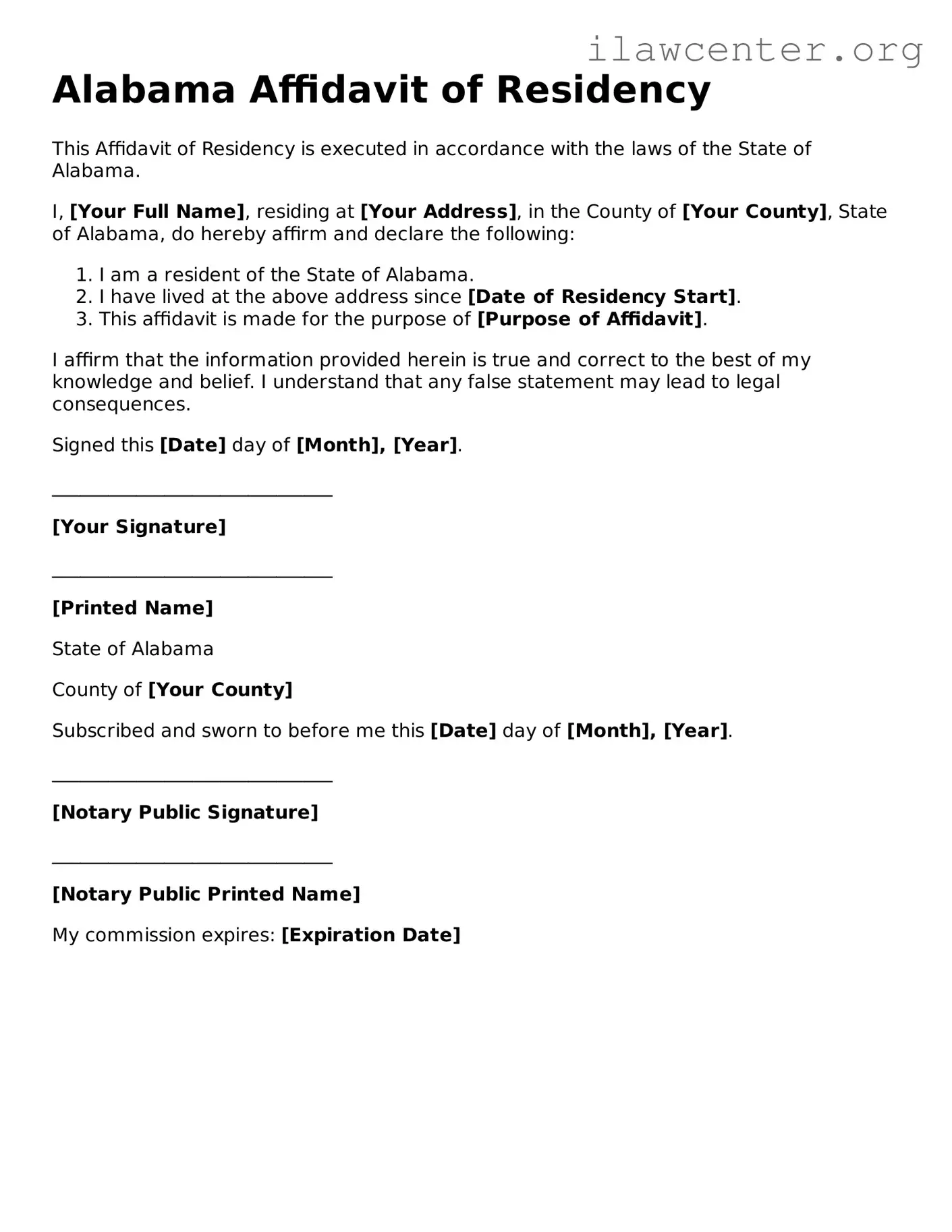 Attorney-Verified  Affidavit of Residency Document for Alabama