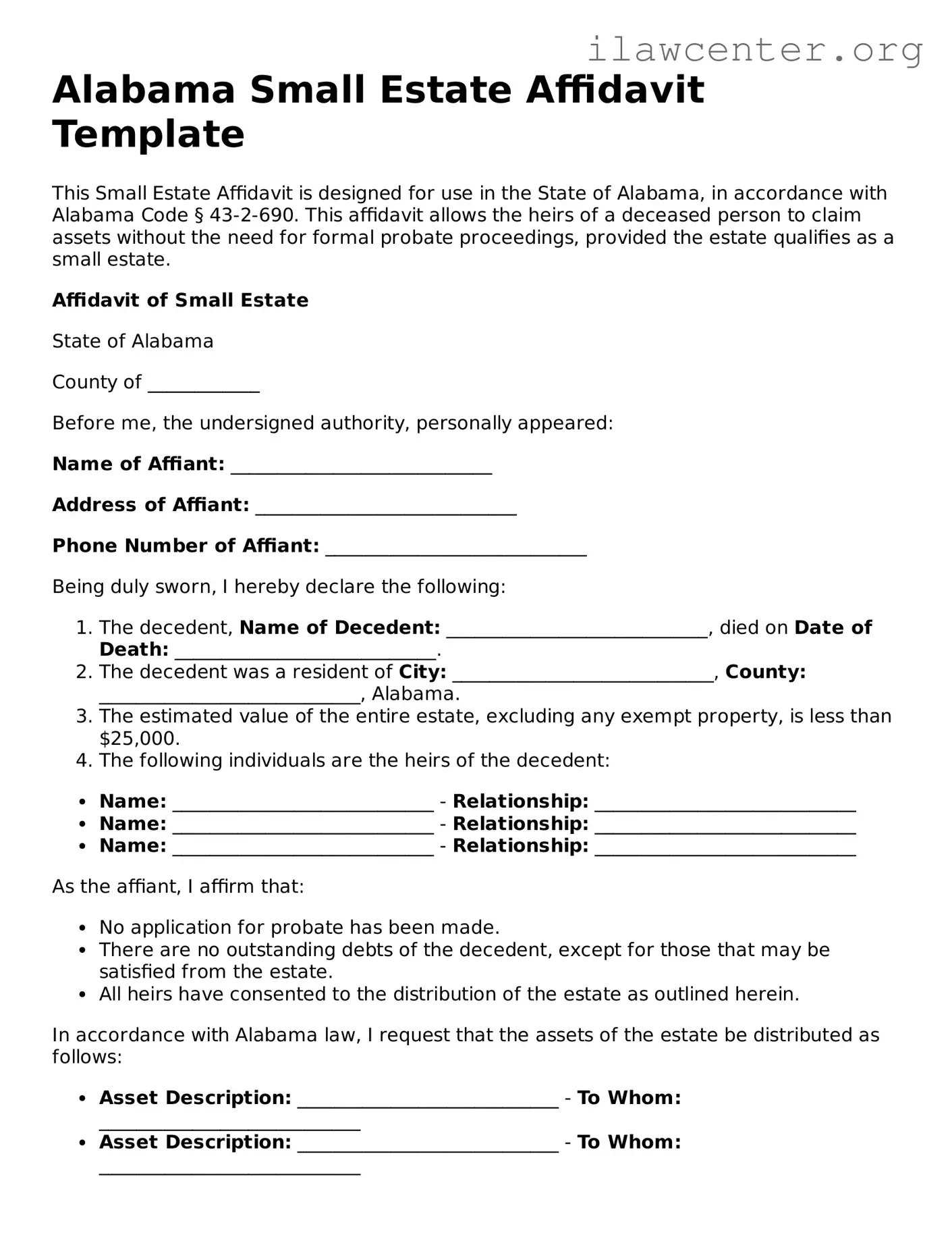 Attorney-Verified  Small Estate Affidavit Document for Alabama