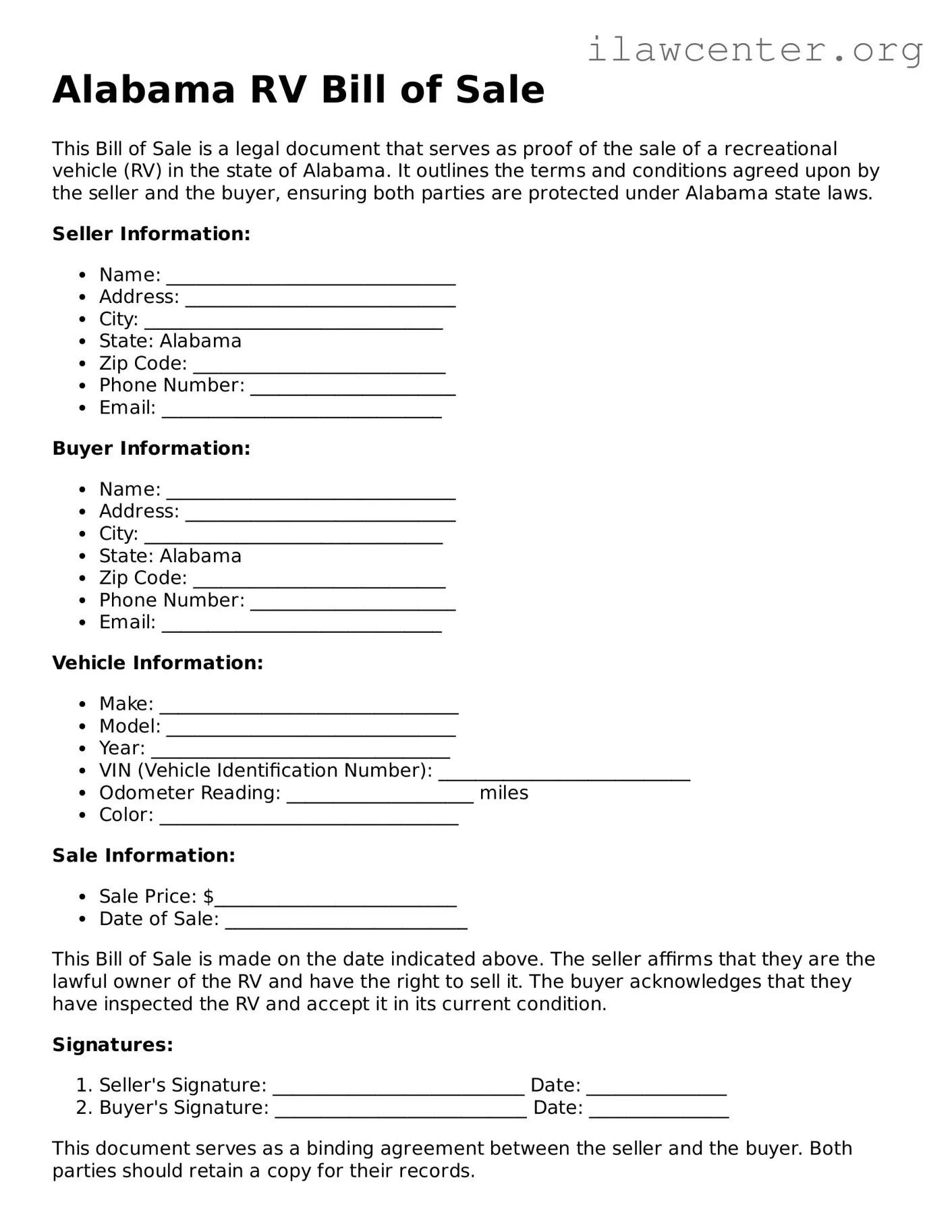 Attorney-Verified  RV Bill of Sale Document for Alabama