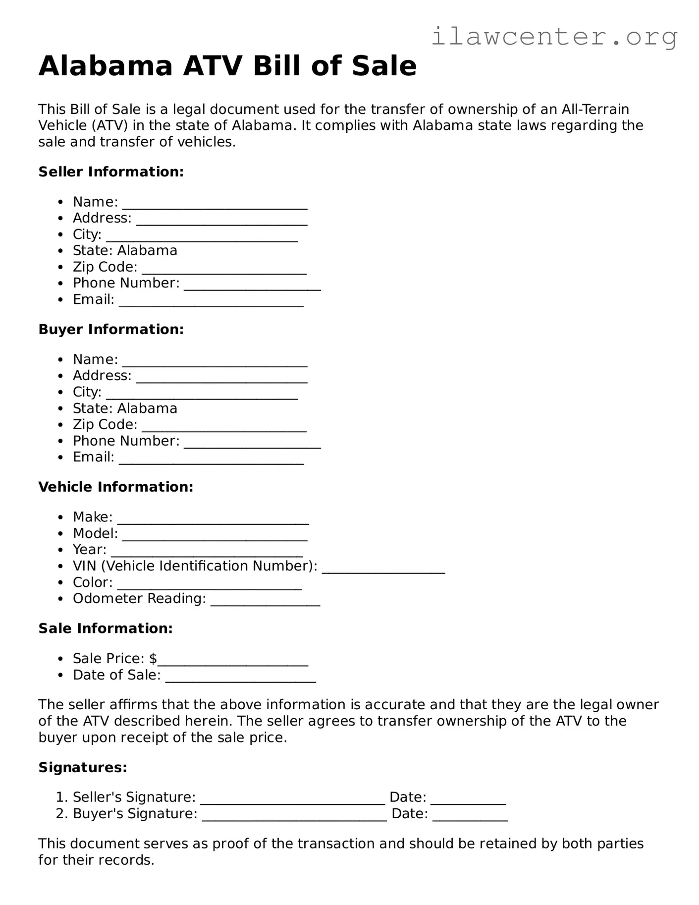 Attorney-Verified  ATV Bill of Sale Document for Alabama