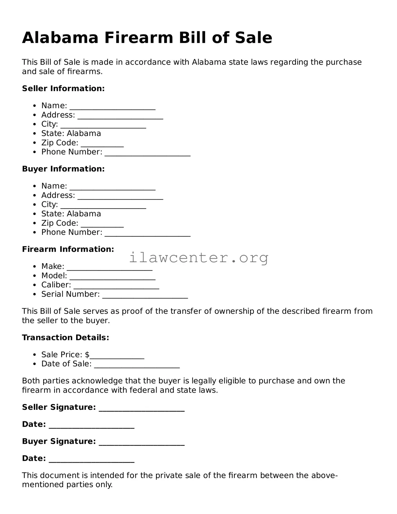 Attorney-Verified  Firearm Bill of Sale Document for Alabama
