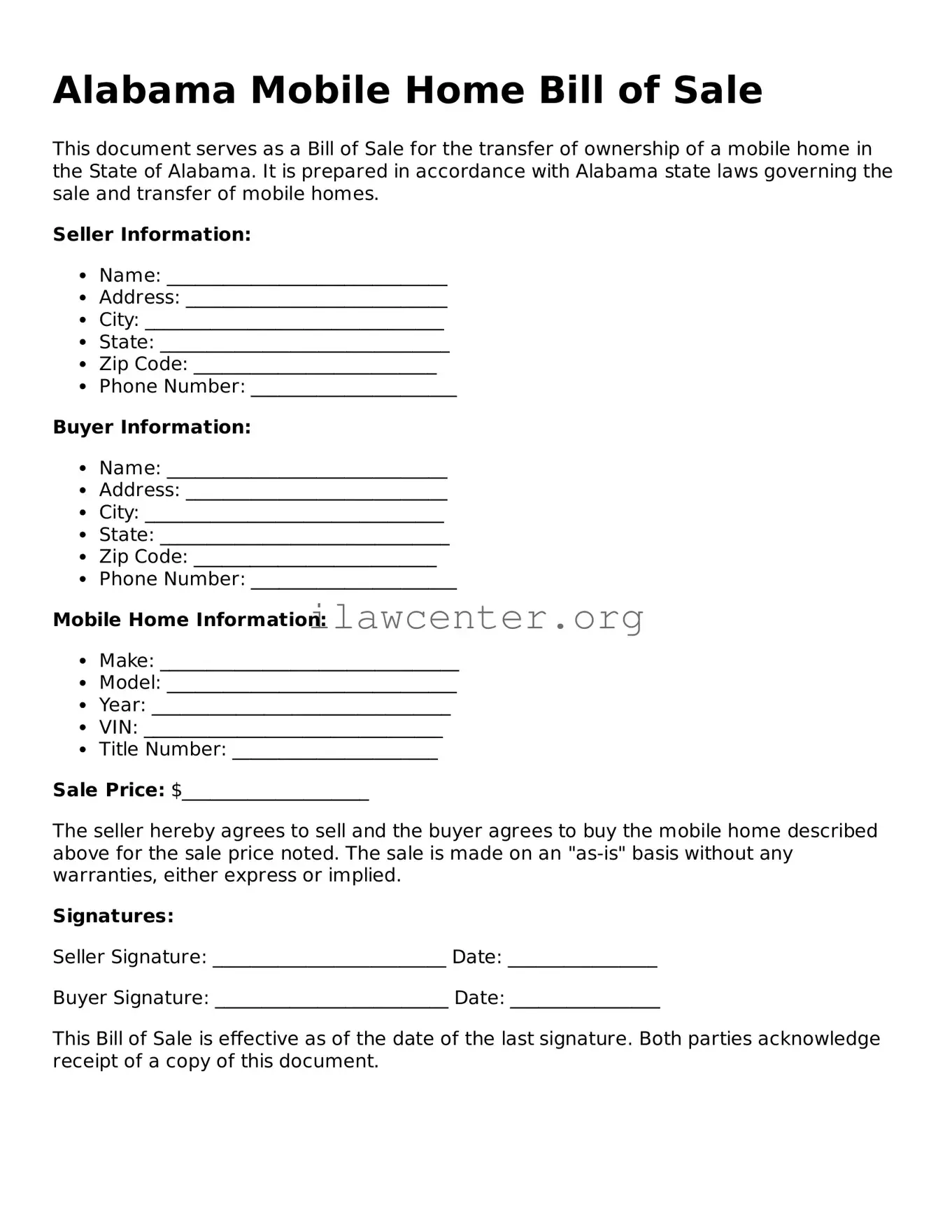 Attorney-Verified  Mobile Home Bill of Sale Document for Alabama