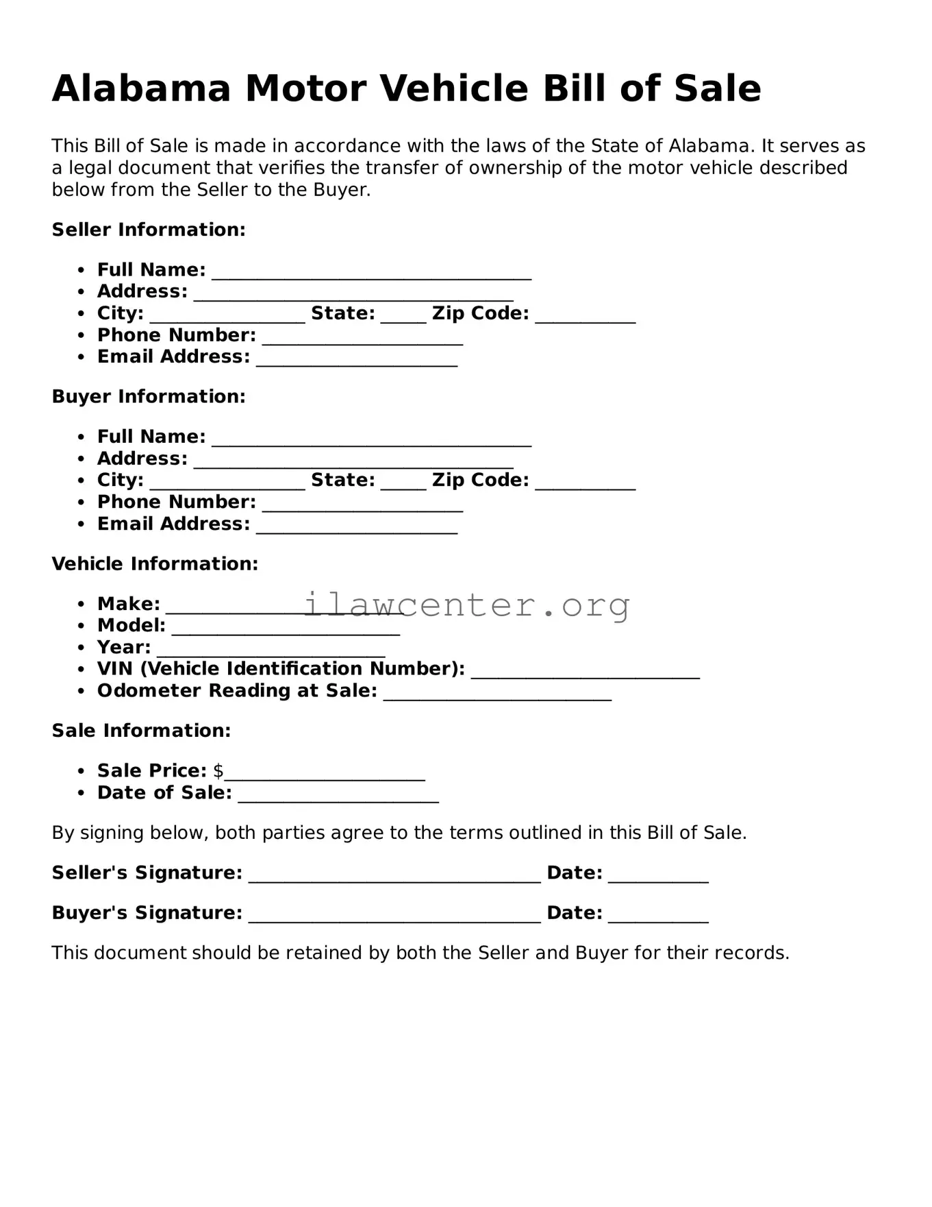 Attorney-Verified  Motor Vehicle Bill of Sale Document for Alabama