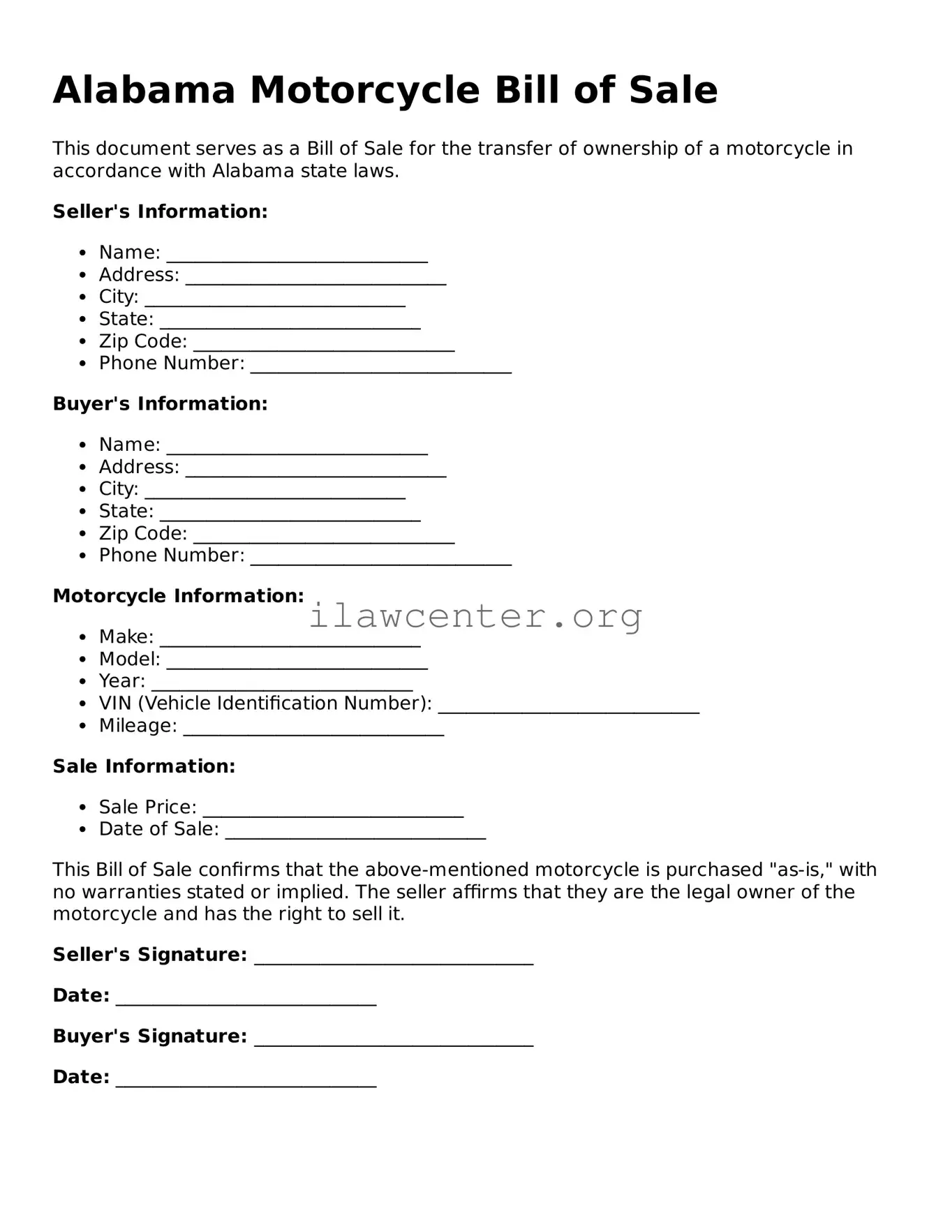 Attorney-Verified  Motorcycle Bill of Sale Document for Alabama