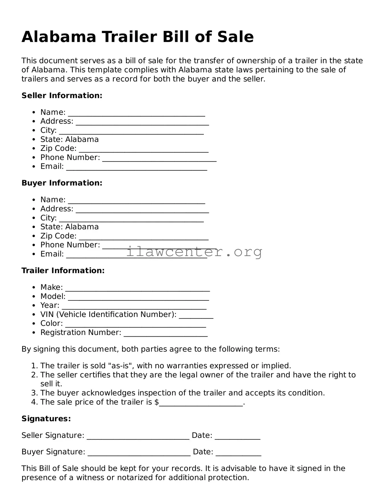 Attorney-Verified  Trailer Bill of Sale Document for Alabama