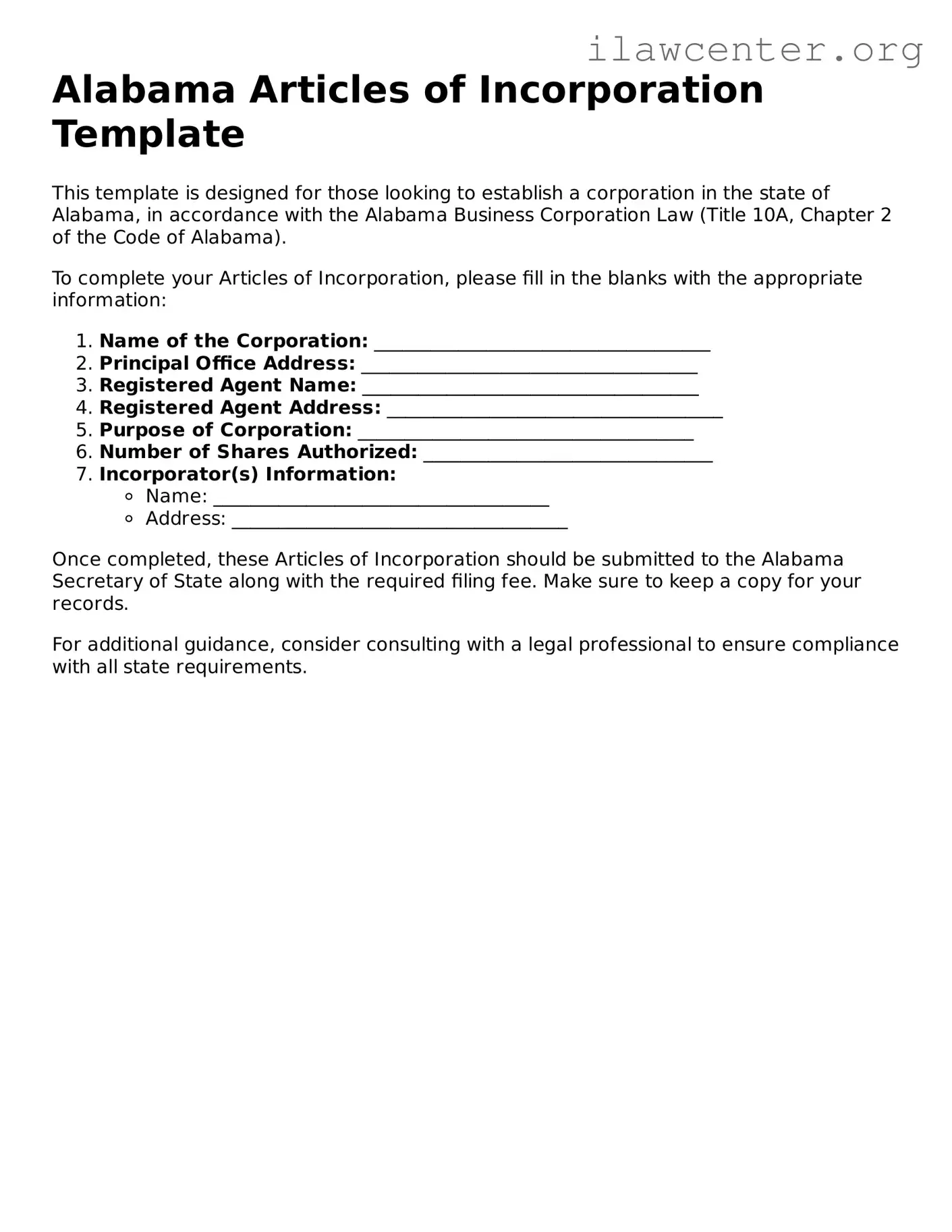 Attorney-Verified  Articles of Incorporation Document for Alabama