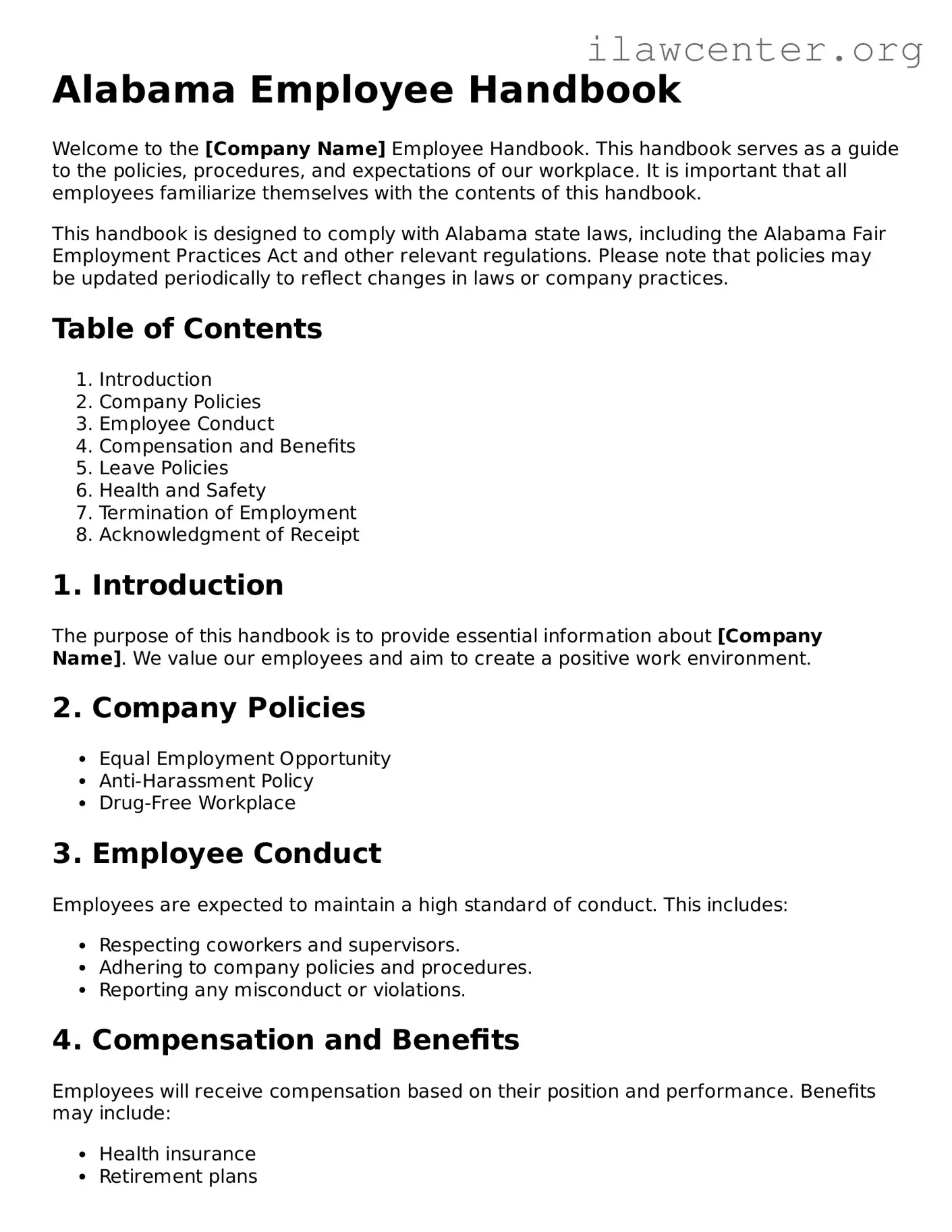 Attorney-Verified  Employee Handbook Document for Alabama