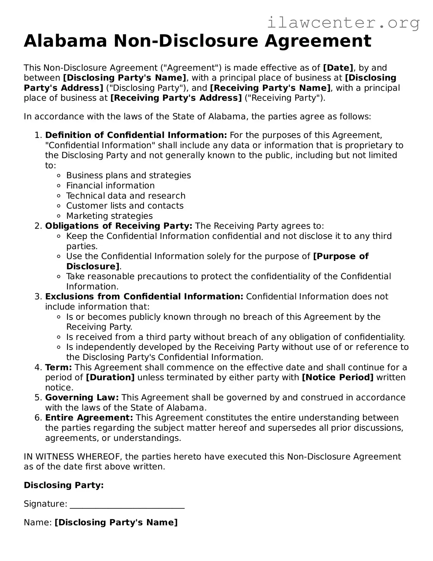 Attorney-Verified  Non-disclosure Agreement Document for Alabama