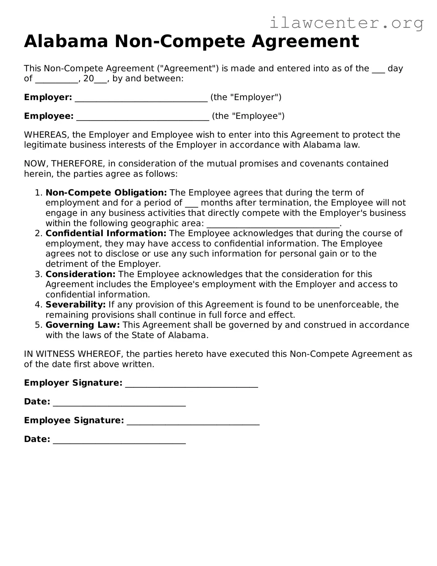 Attorney-Verified  Non-compete Agreement Document for Alabama