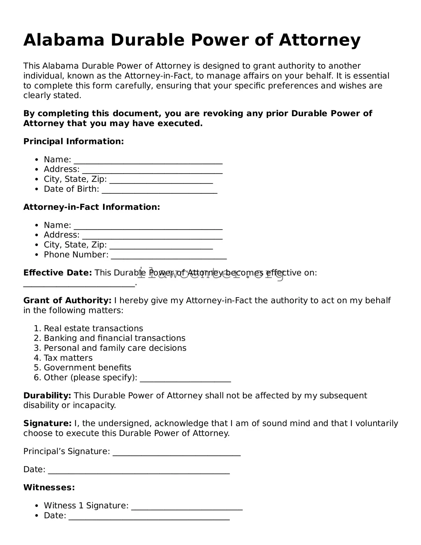Attorney-Verified  Durable Power of Attorney Document for Alabama