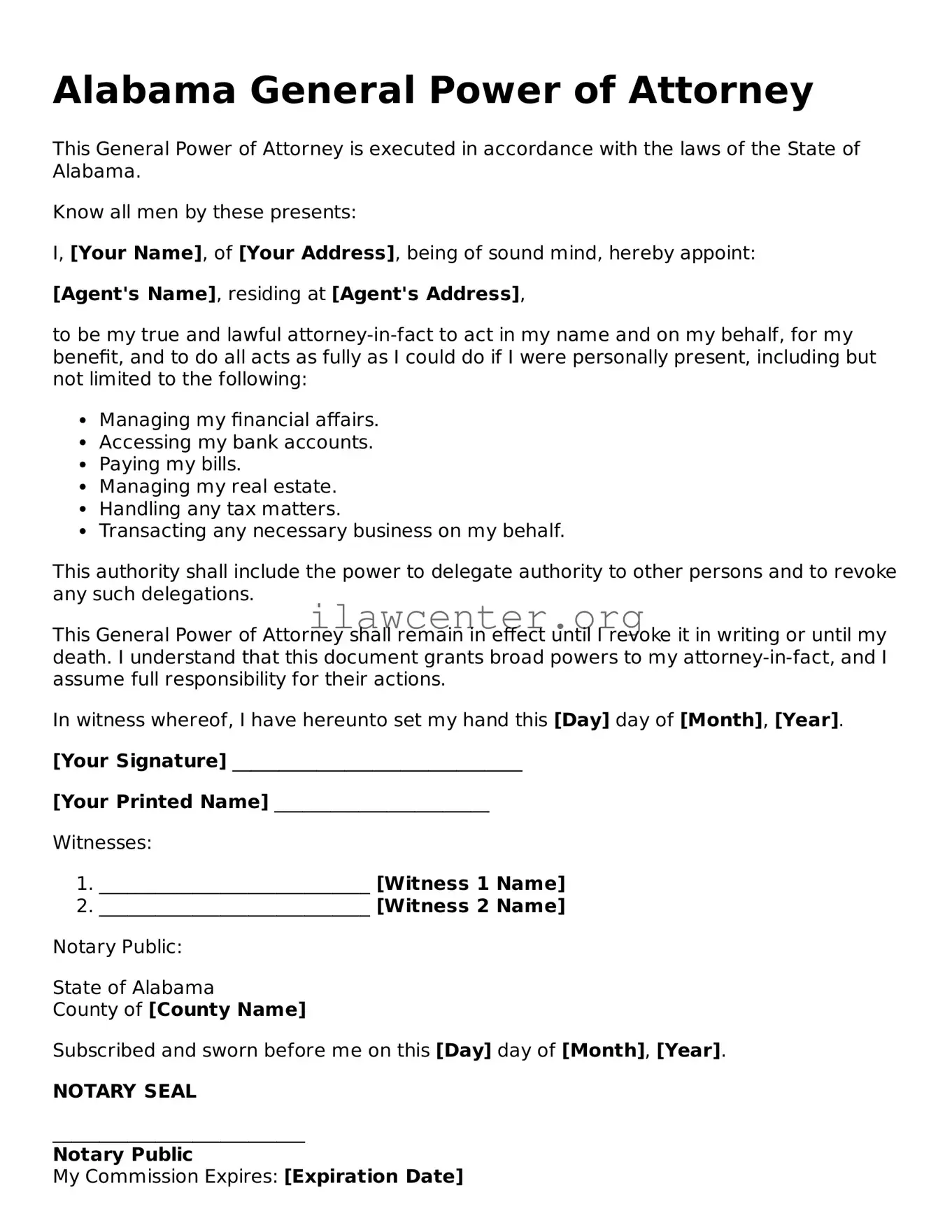 Attorney-Verified  General Power of Attorney Document for Alabama