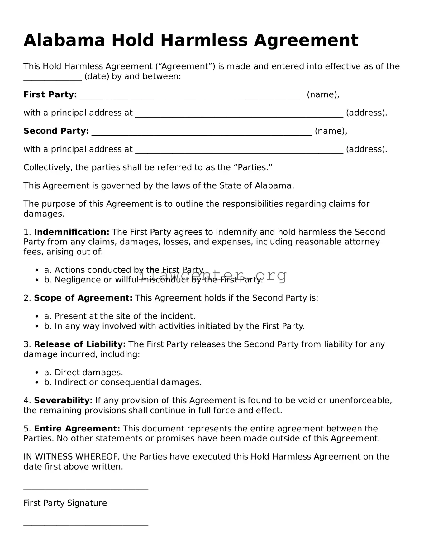 Attorney-Verified  Hold Harmless Agreement Document for Alabama
