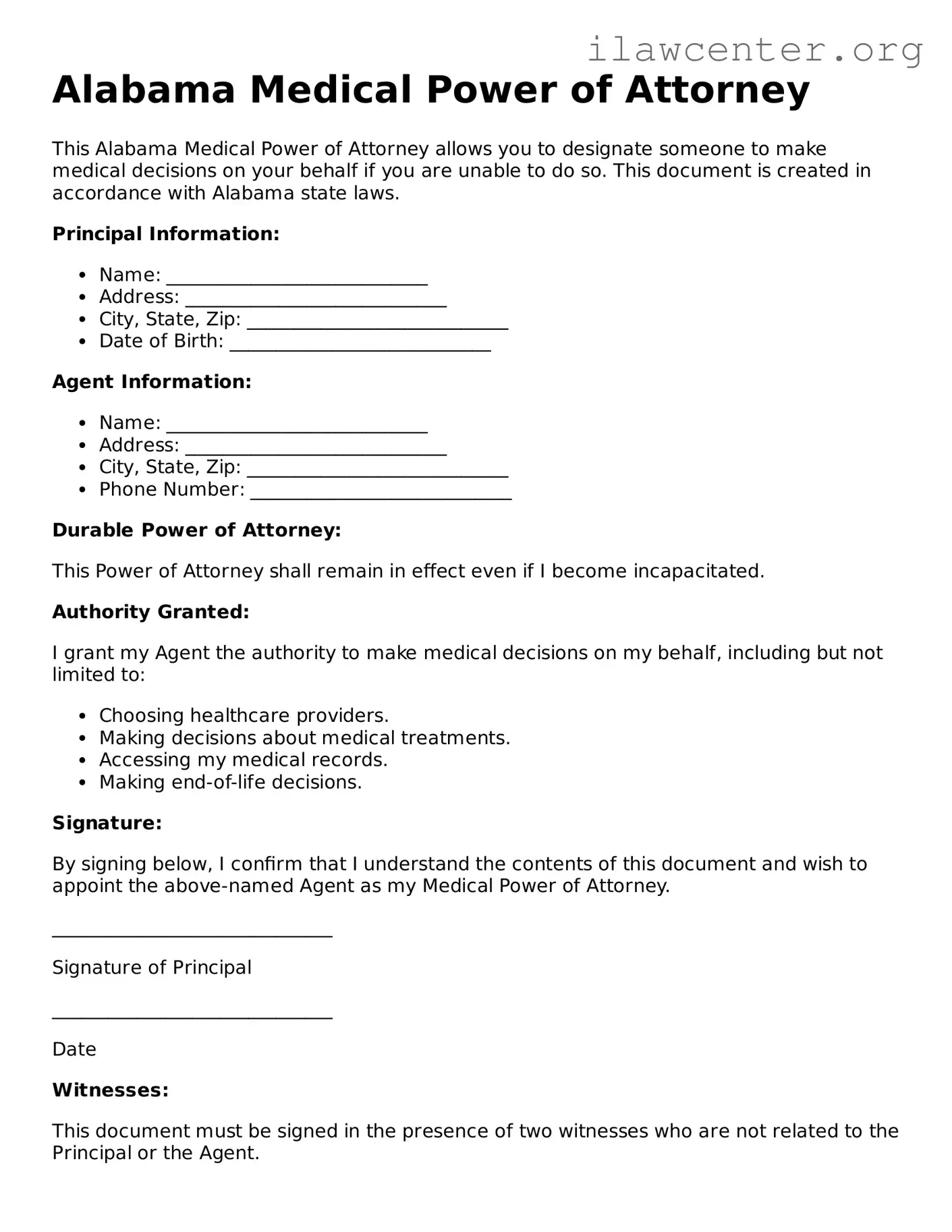 Attorney-Verified  Medical Power of Attorney Document for Alabama