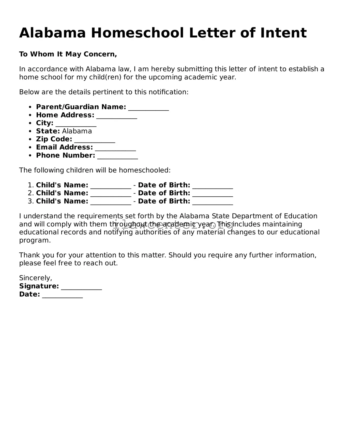 Attorney-Verified  Homeschool Letter of Intent Document for Alabama