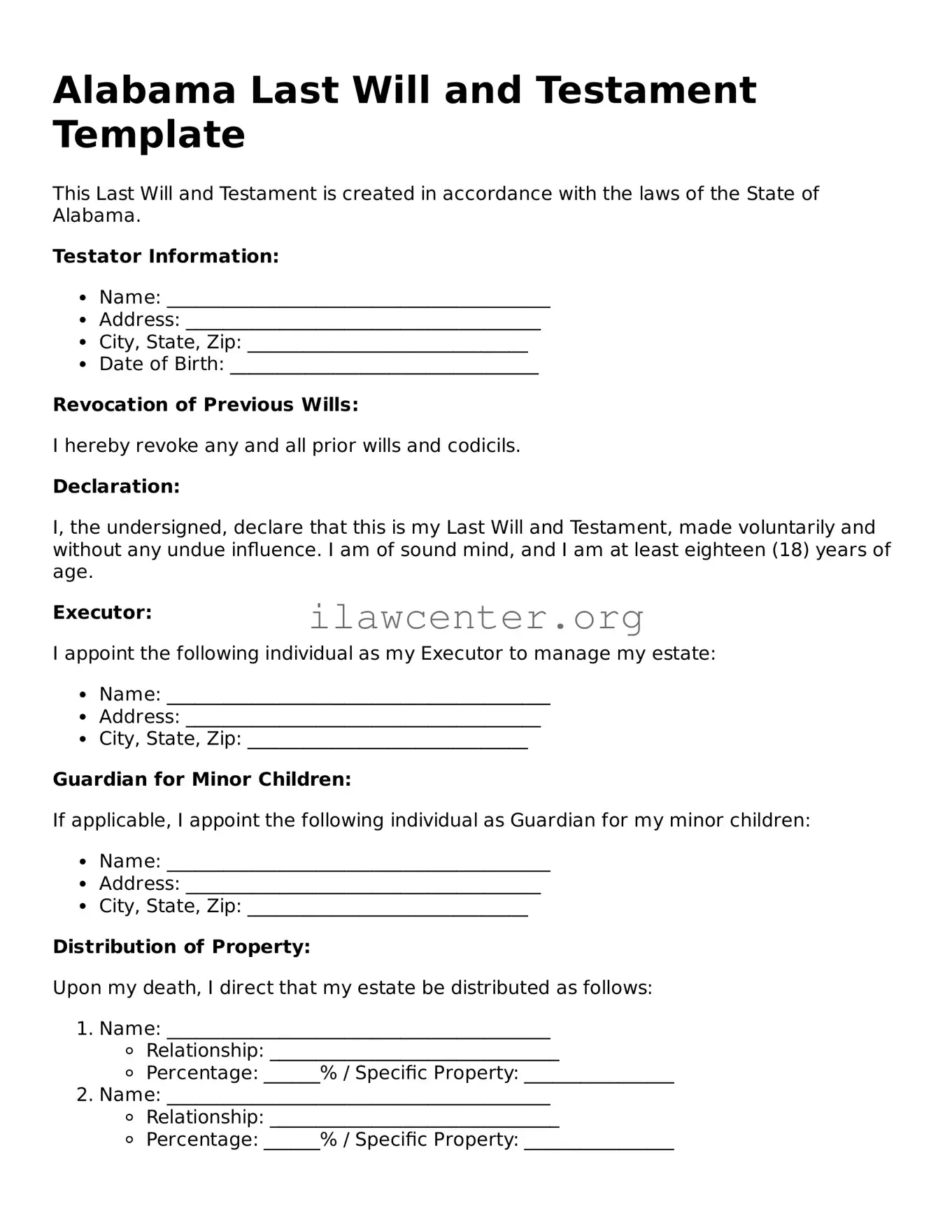 Attorney-Verified  Last Will and Testament Document for Alabama