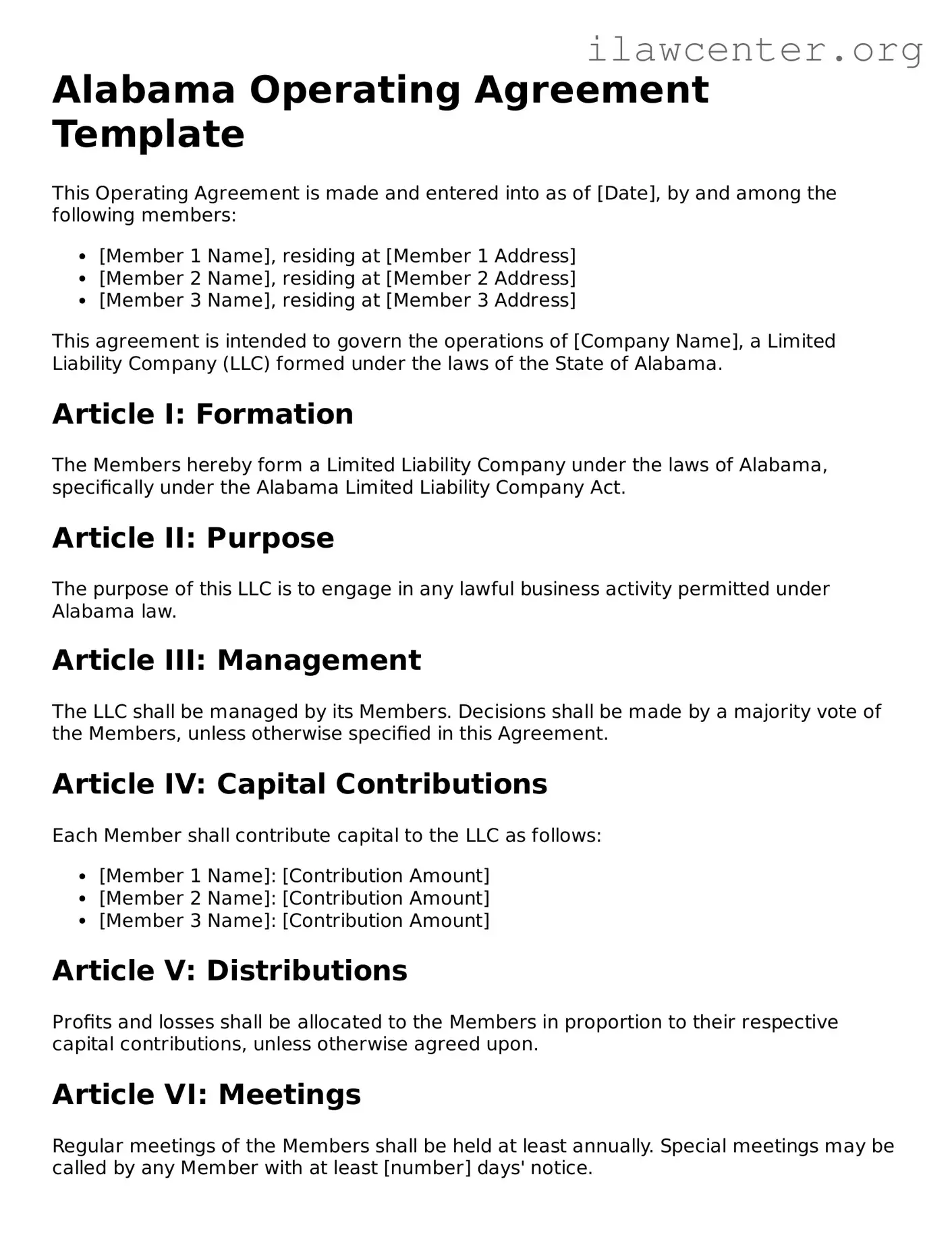 Attorney-Verified  Operating Agreement Document for Alabama