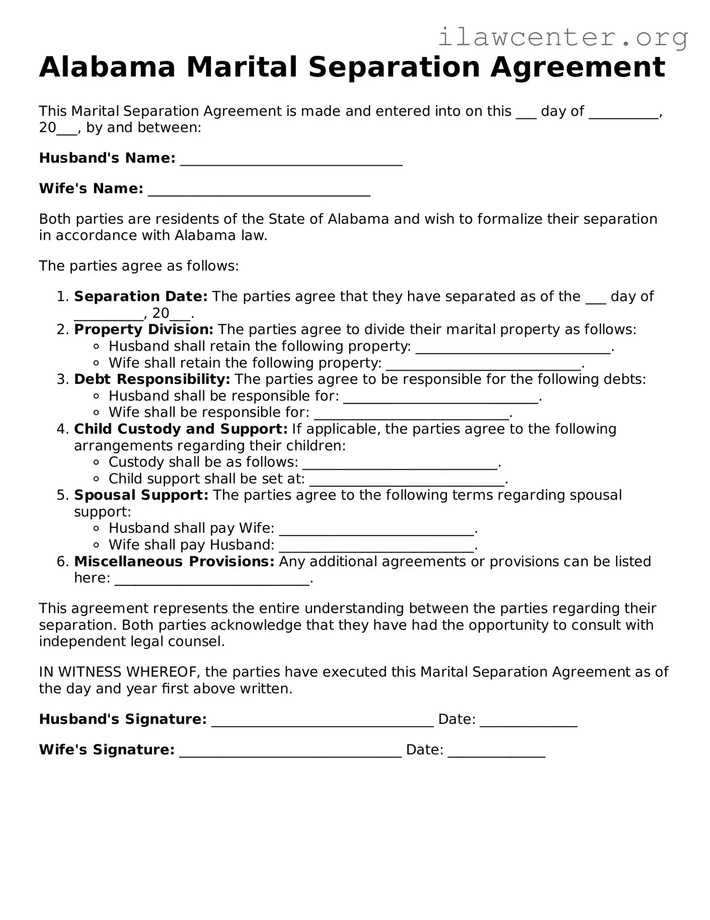 Attorney-Verified  Marital Separation Agreement Document for Alabama