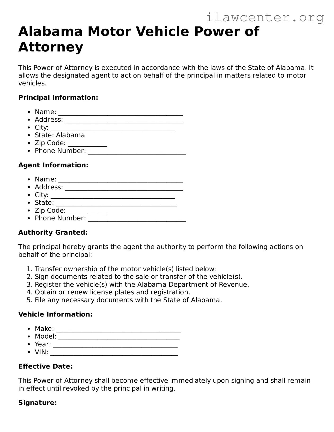 Attorney-Verified  Motor Vehicle Power of Attorney Document for Alabama