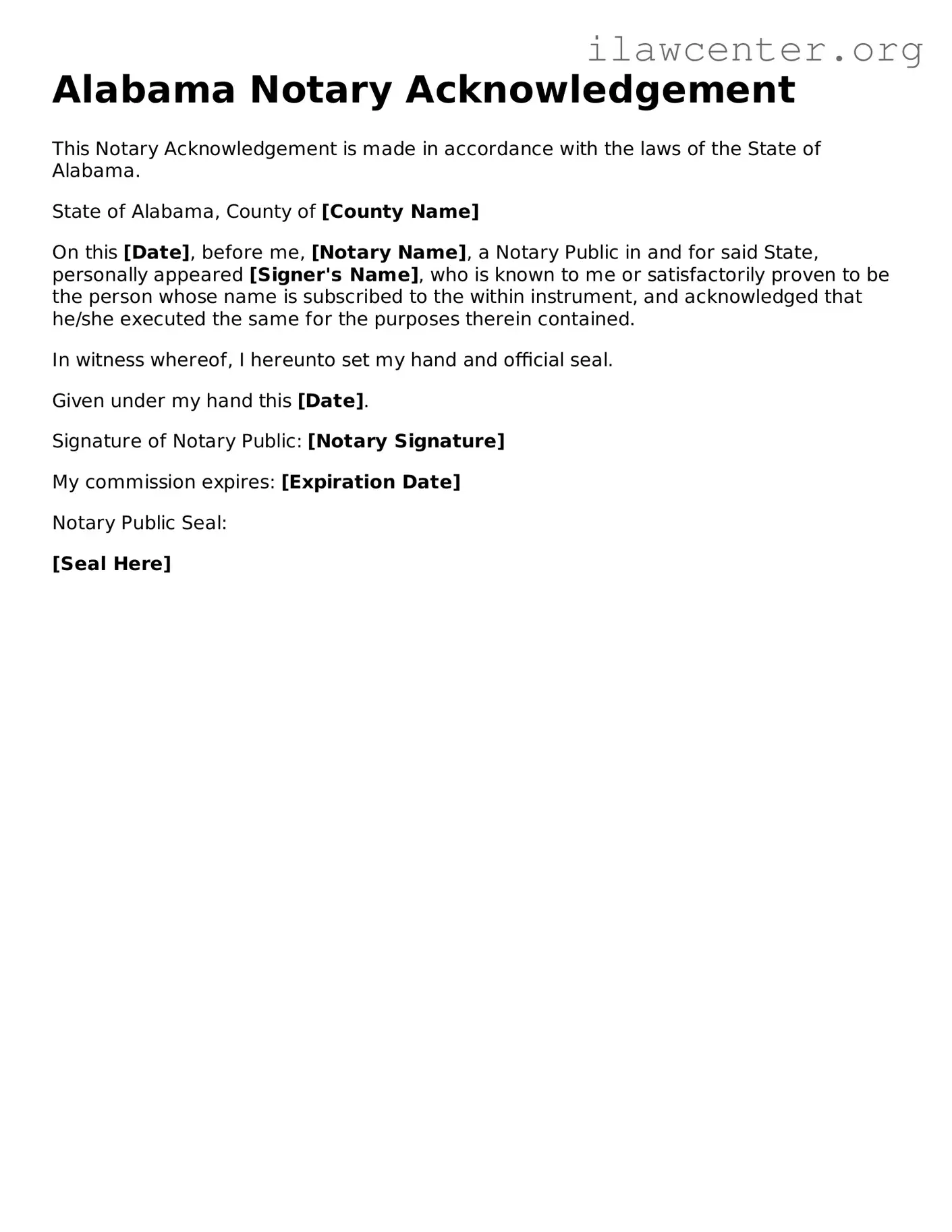 Attorney-Verified  Notary Acknowledgement Document for Alabama