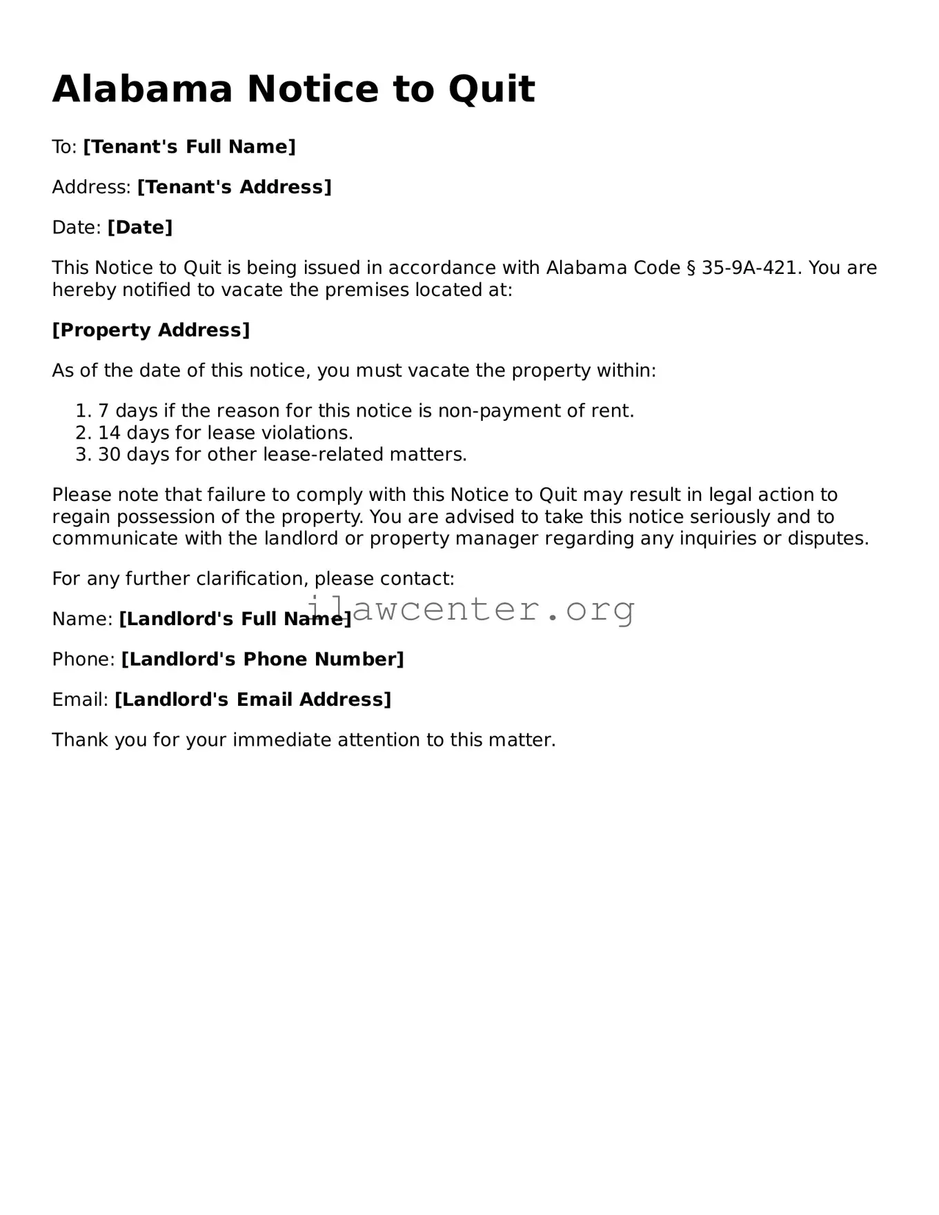 Attorney-Verified  Notice to Quit Document for Alabama