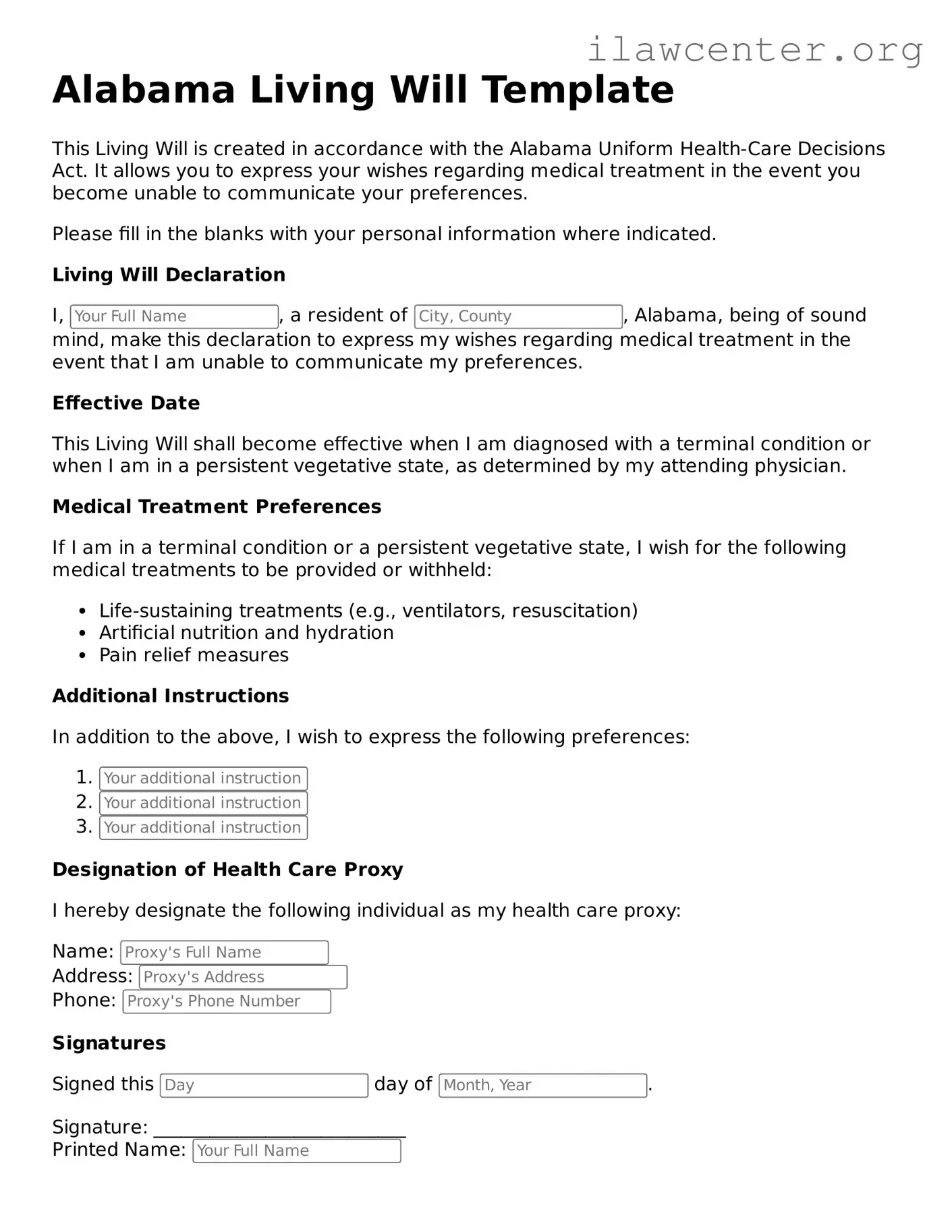 Attorney-Verified  Living Will Document for Alabama