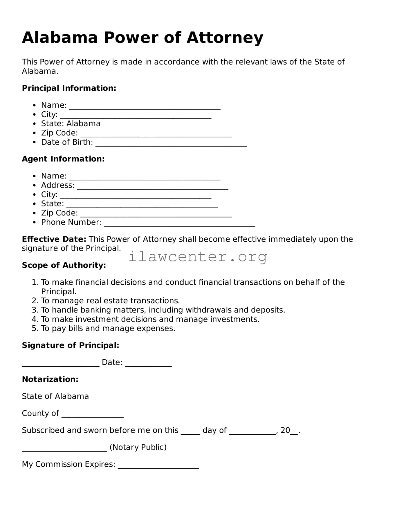 Attorney-Verified  Power of Attorney Document for Alabama