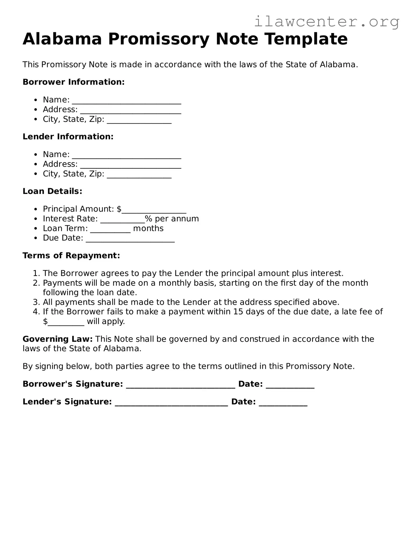 Attorney-Verified  Promissory Note Document for Alabama