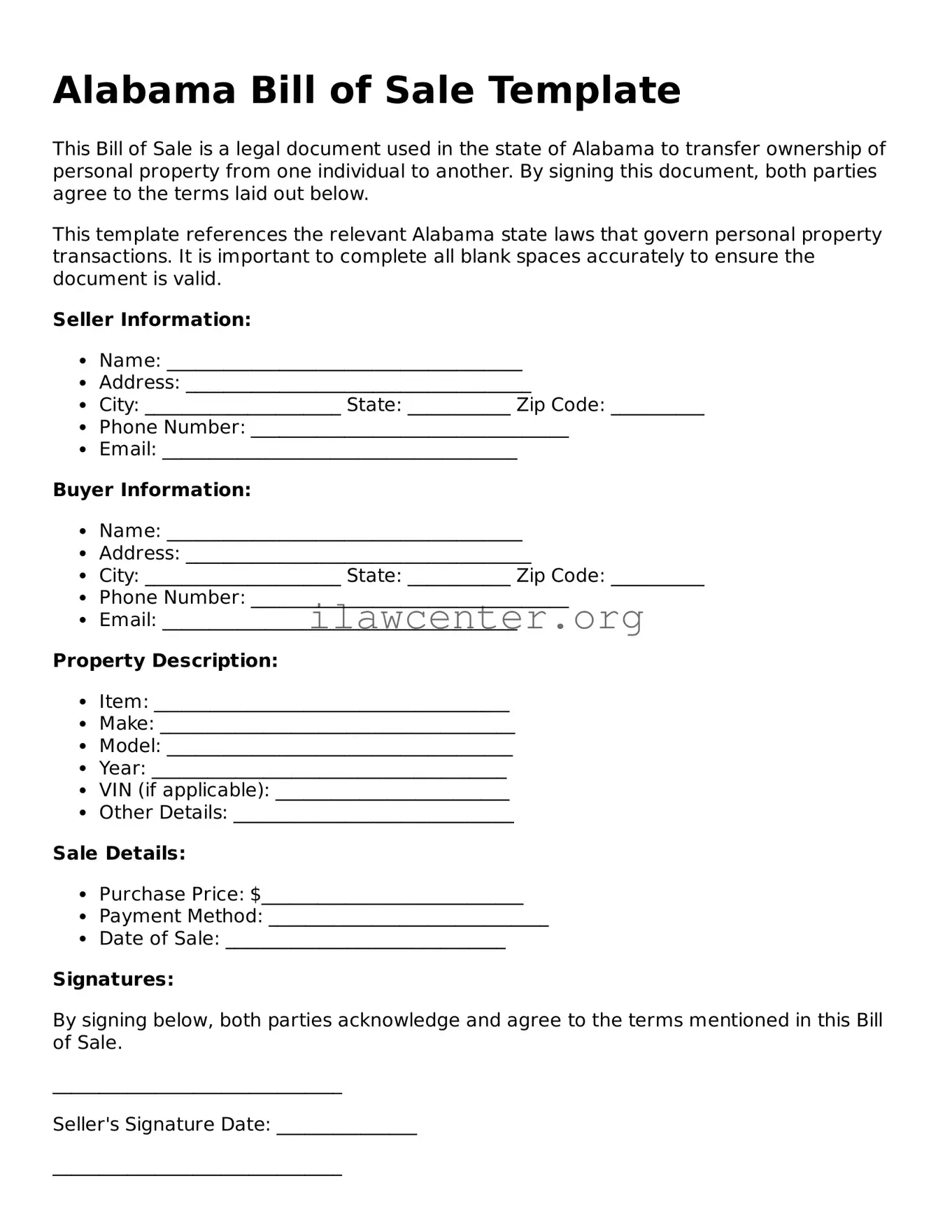Attorney-Verified  Bill of Sale Document for Alabama