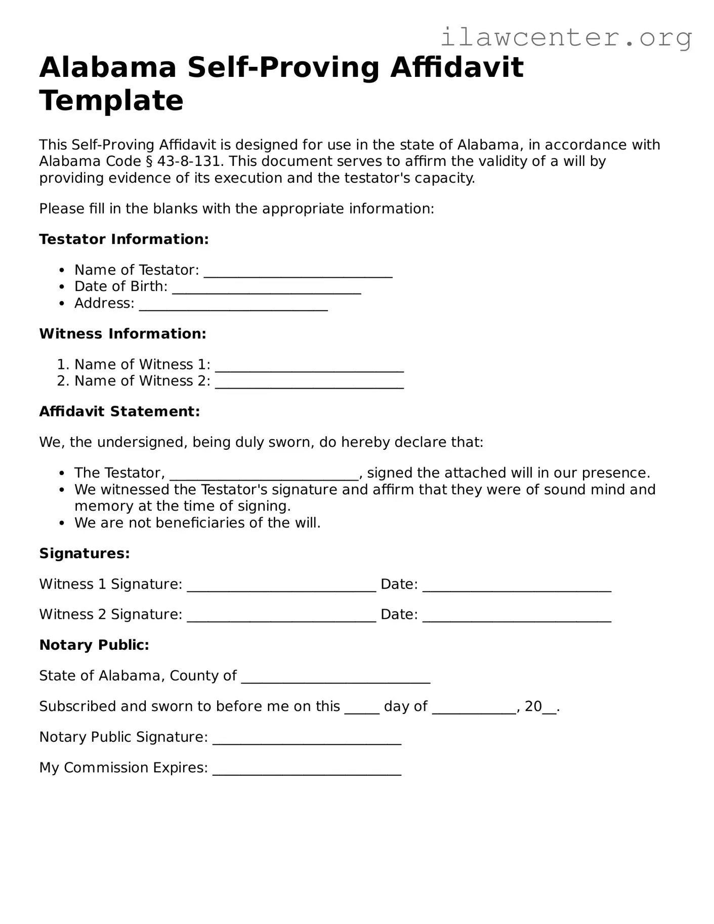 Attorney-Verified  Self-Proving Affidavit Document for Alabama