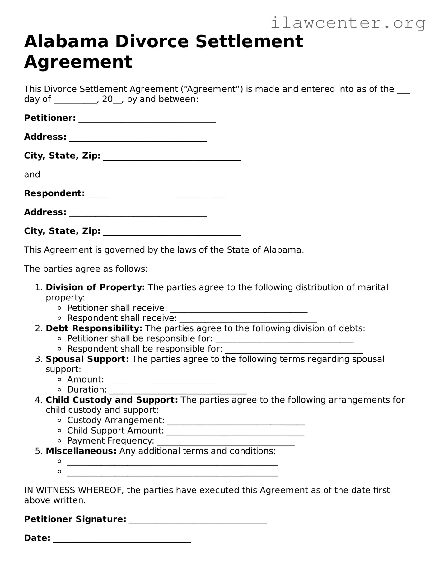 Attorney-Verified  Divorce Settlement Agreement Document for Alabama