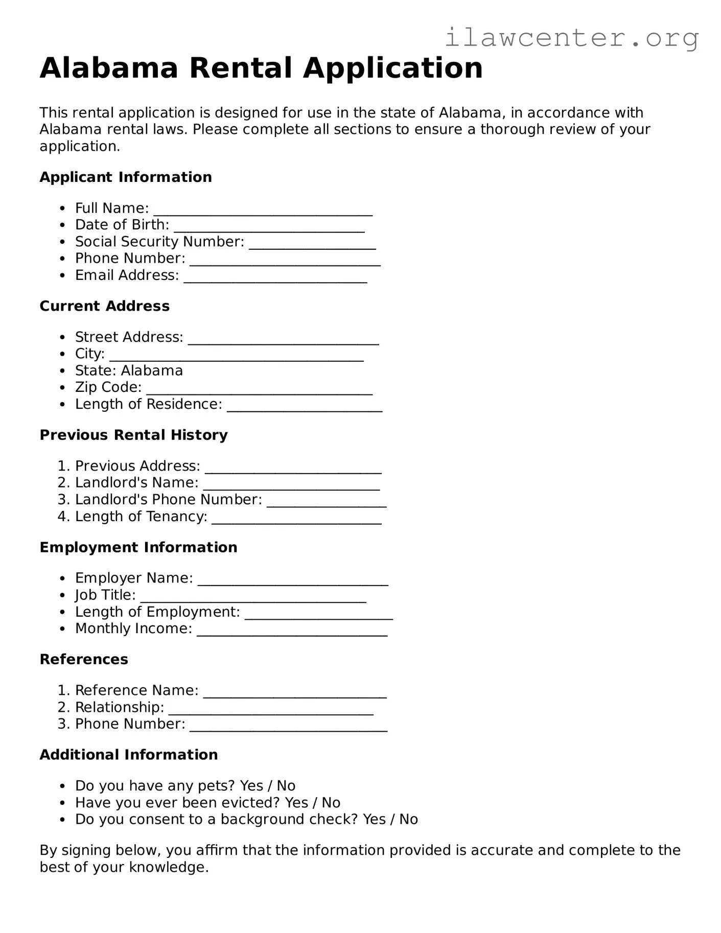 Attorney-Verified  Rental Application Document for Alabama