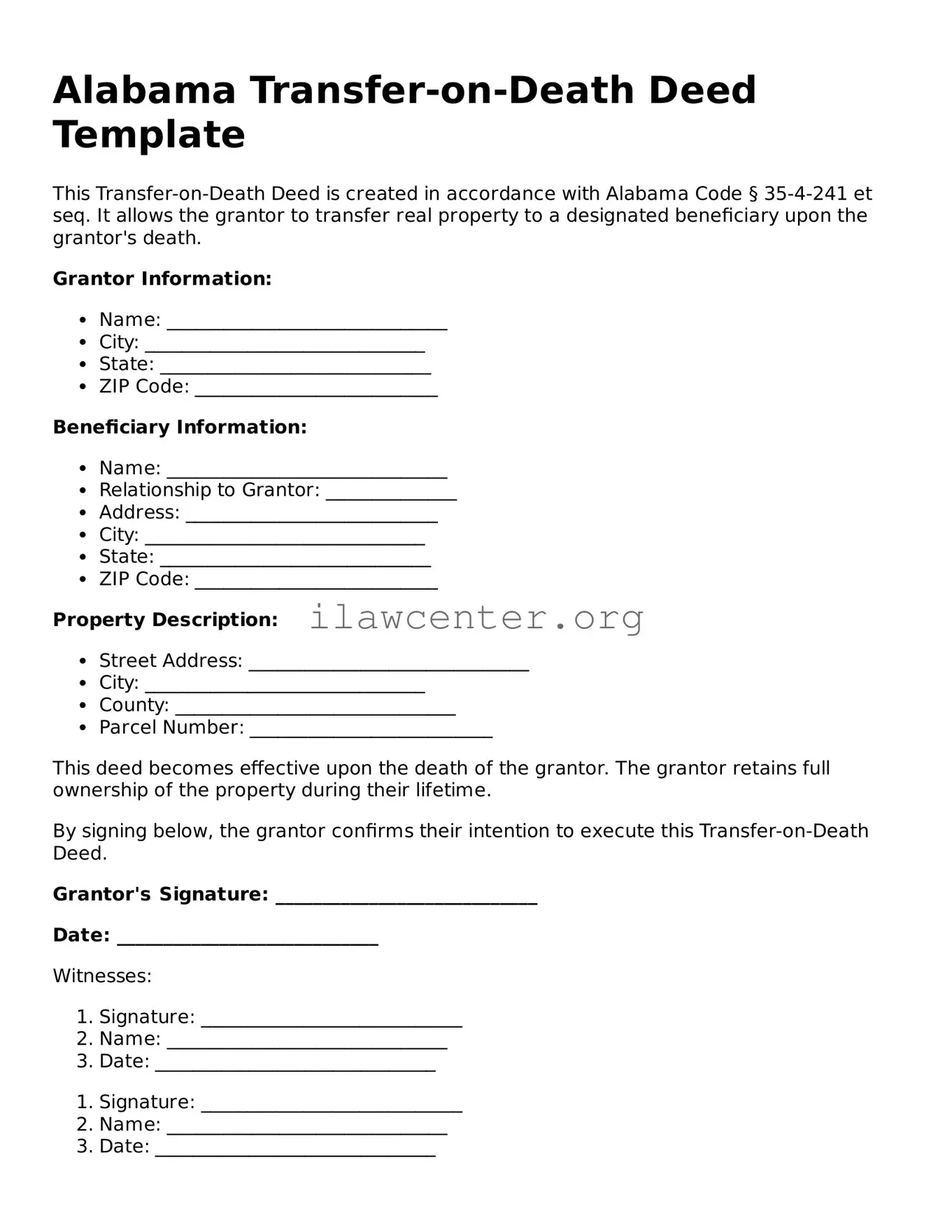 Attorney-Verified  Transfer-on-Death Deed Document for Alabama