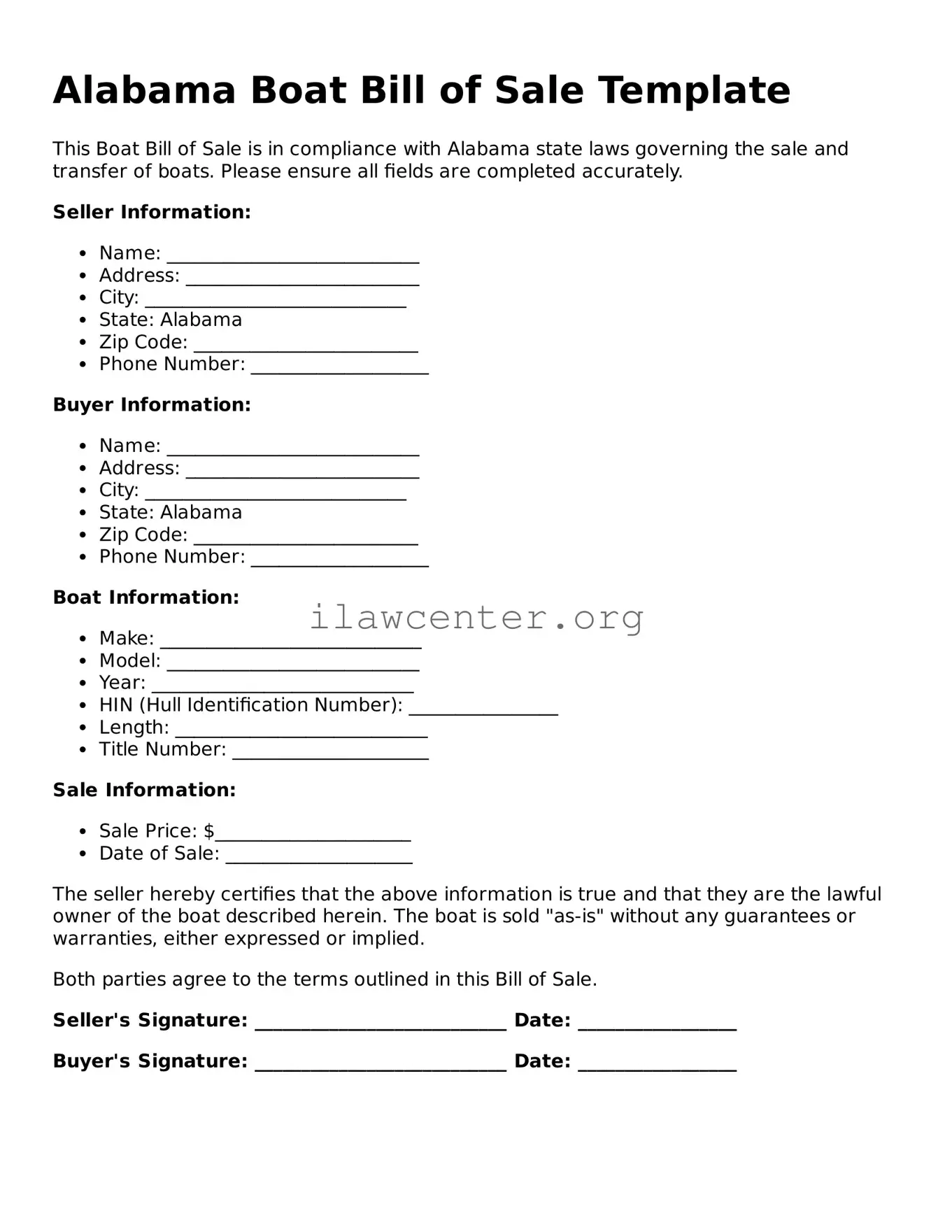 Attorney-Verified  Boat Bill of Sale Document for Alabama