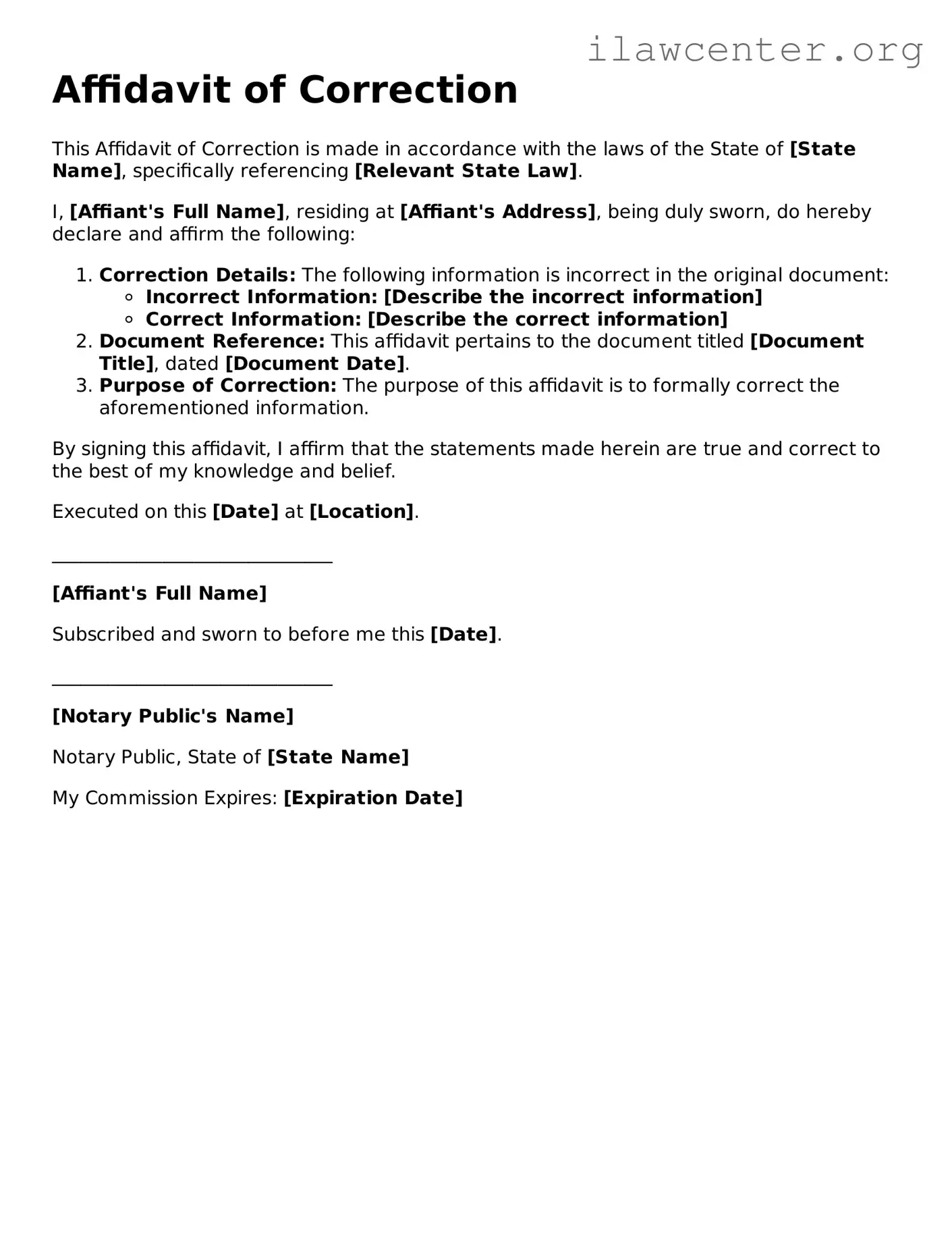 Fillable Affidavit of Correction Document
