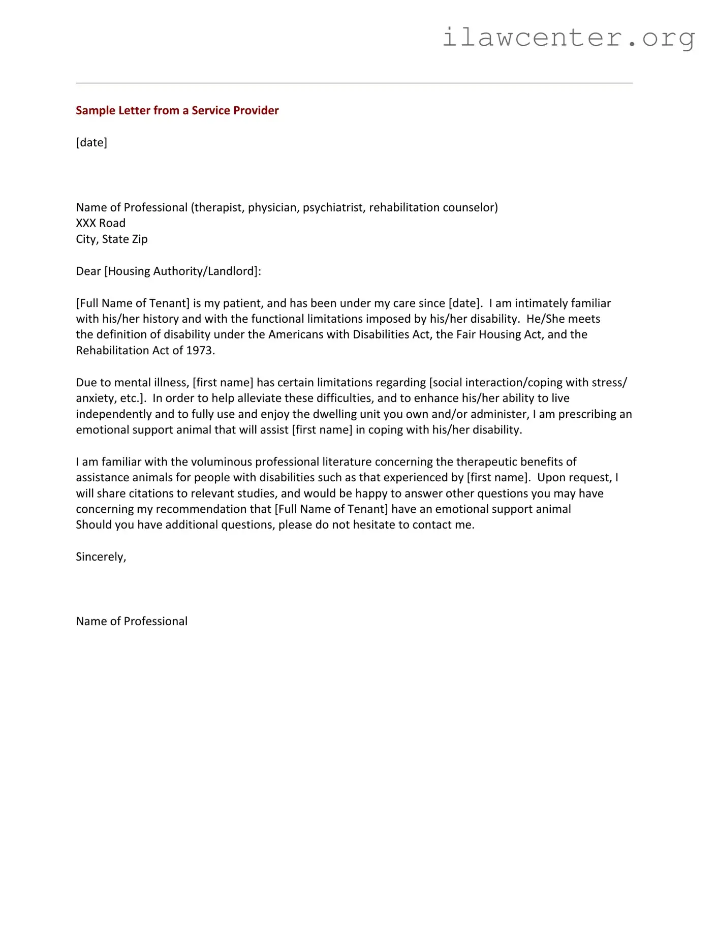 Emotional Support Animal Letter PDF Template