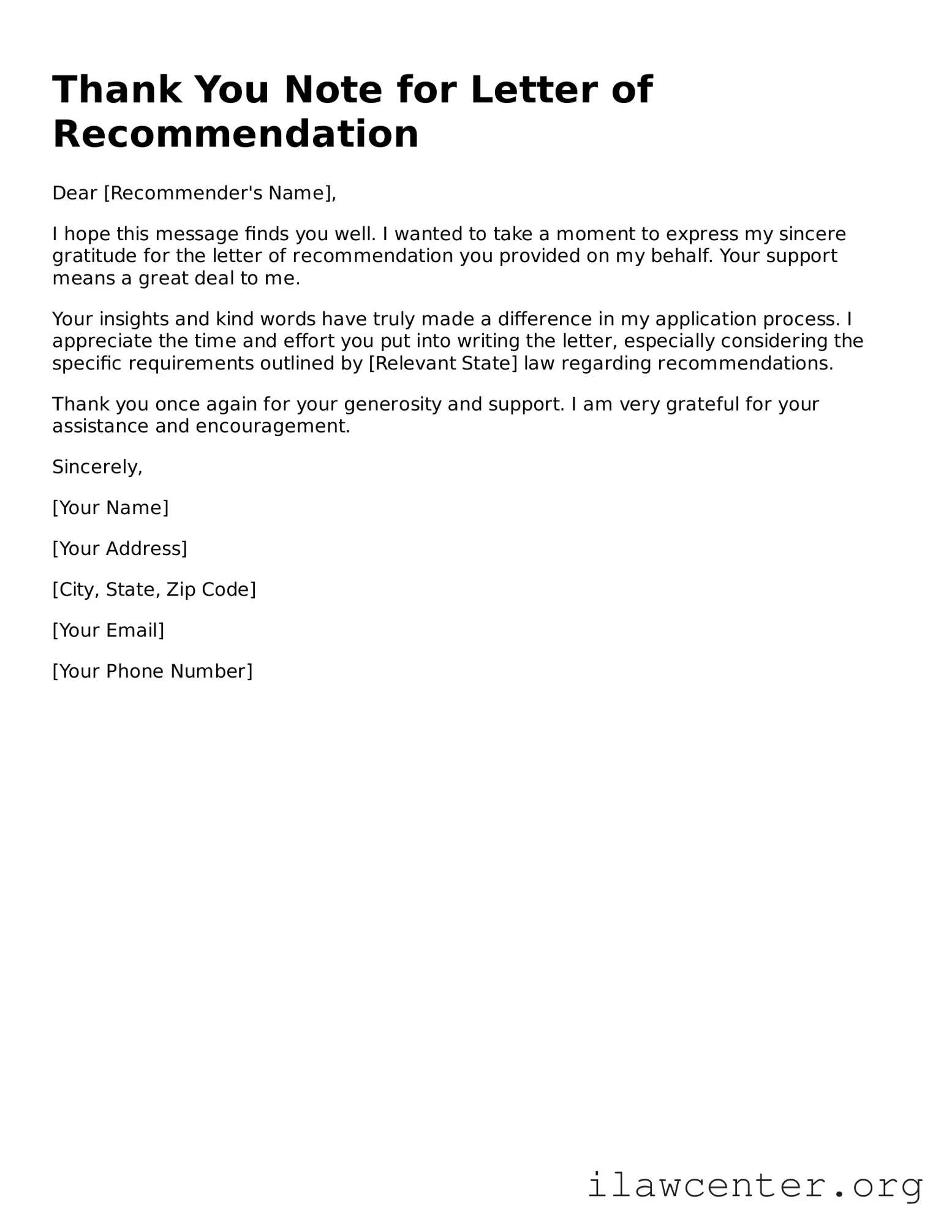 Fillable Thank You Note for a Letter of Recommendation Document