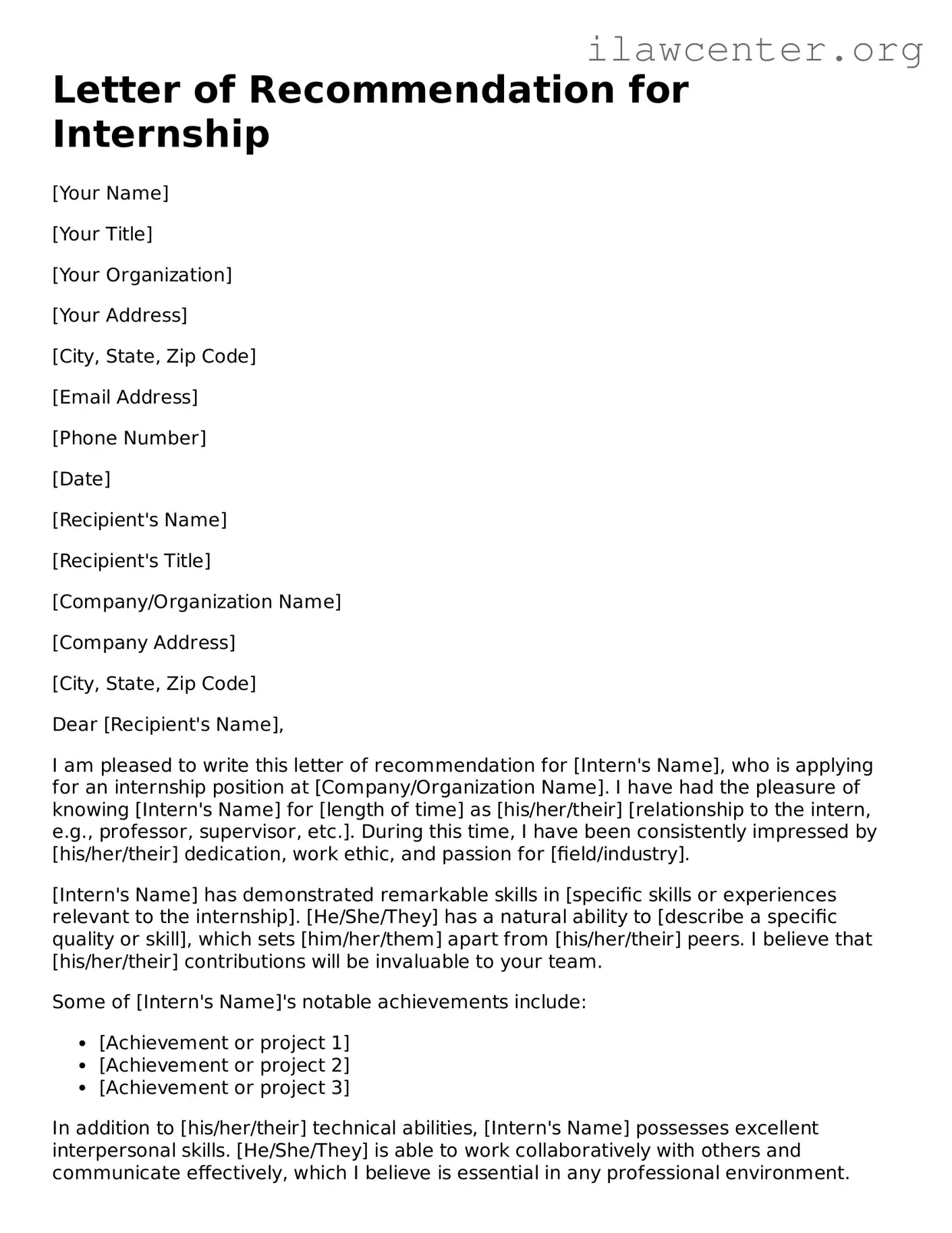 Fillable Letter of Recommendation for Internship Document