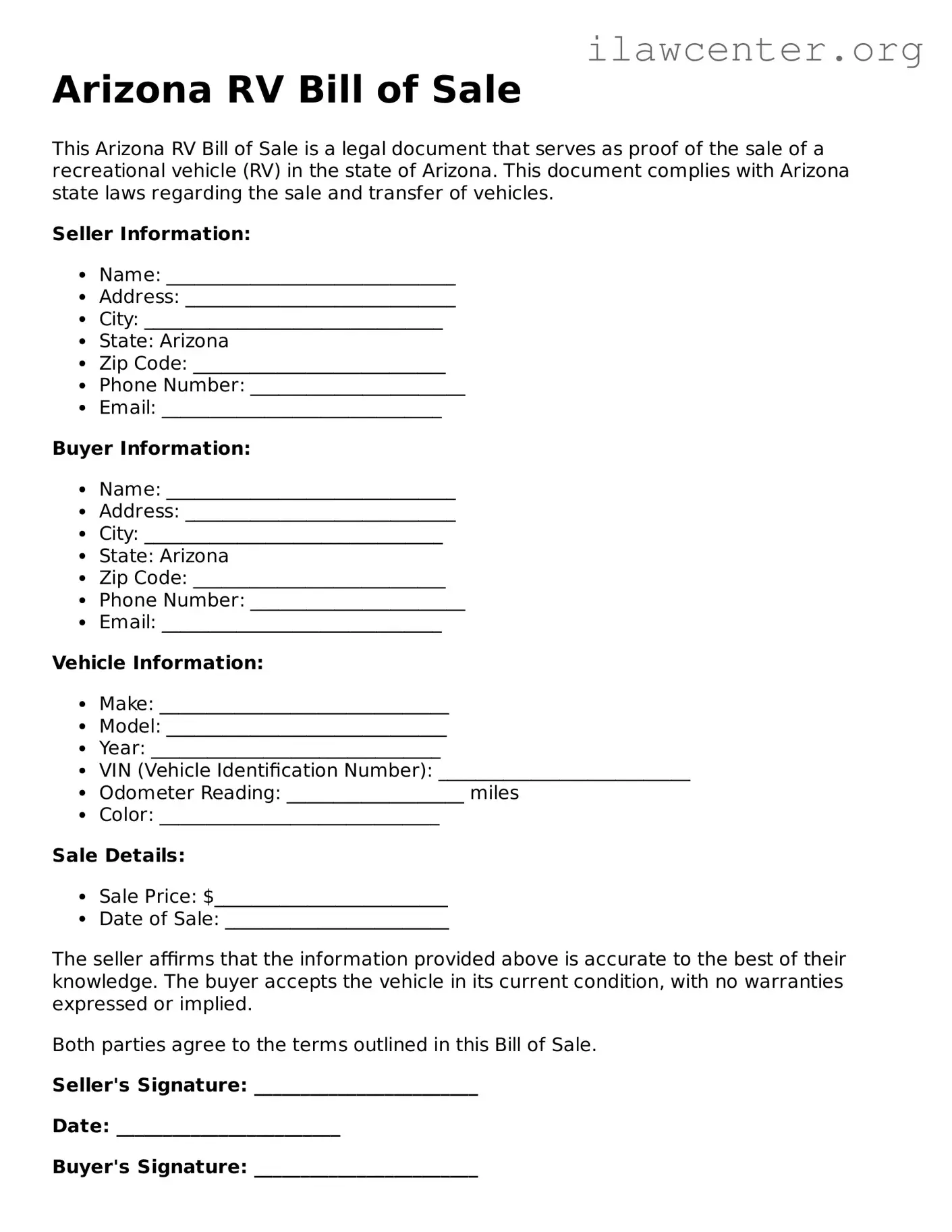 Attorney-Verified  RV Bill of Sale Document for Arizona