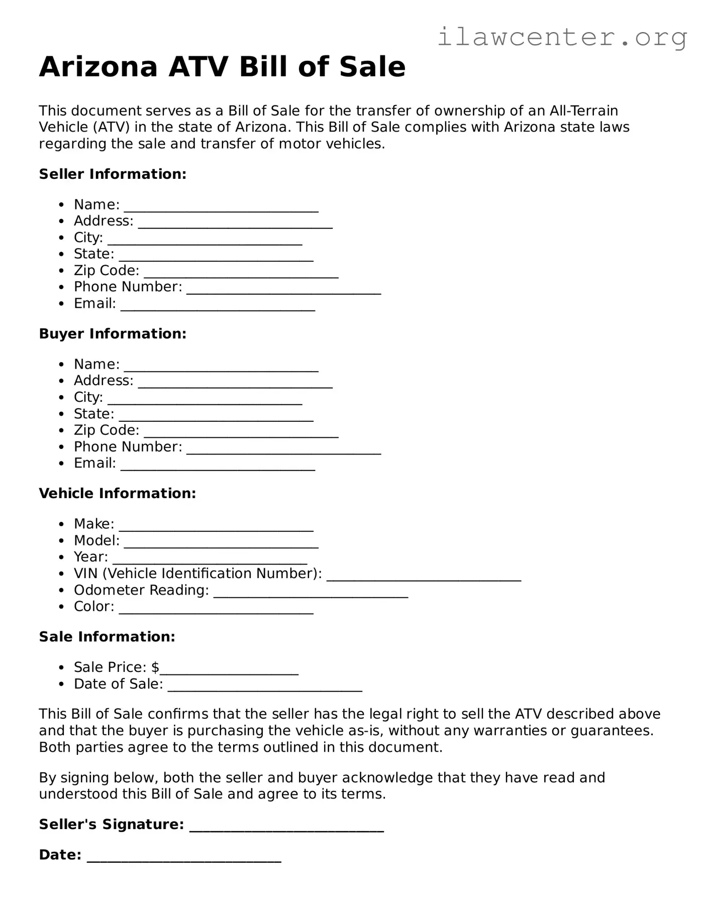 Attorney-Verified  ATV Bill of Sale Document for Arizona
