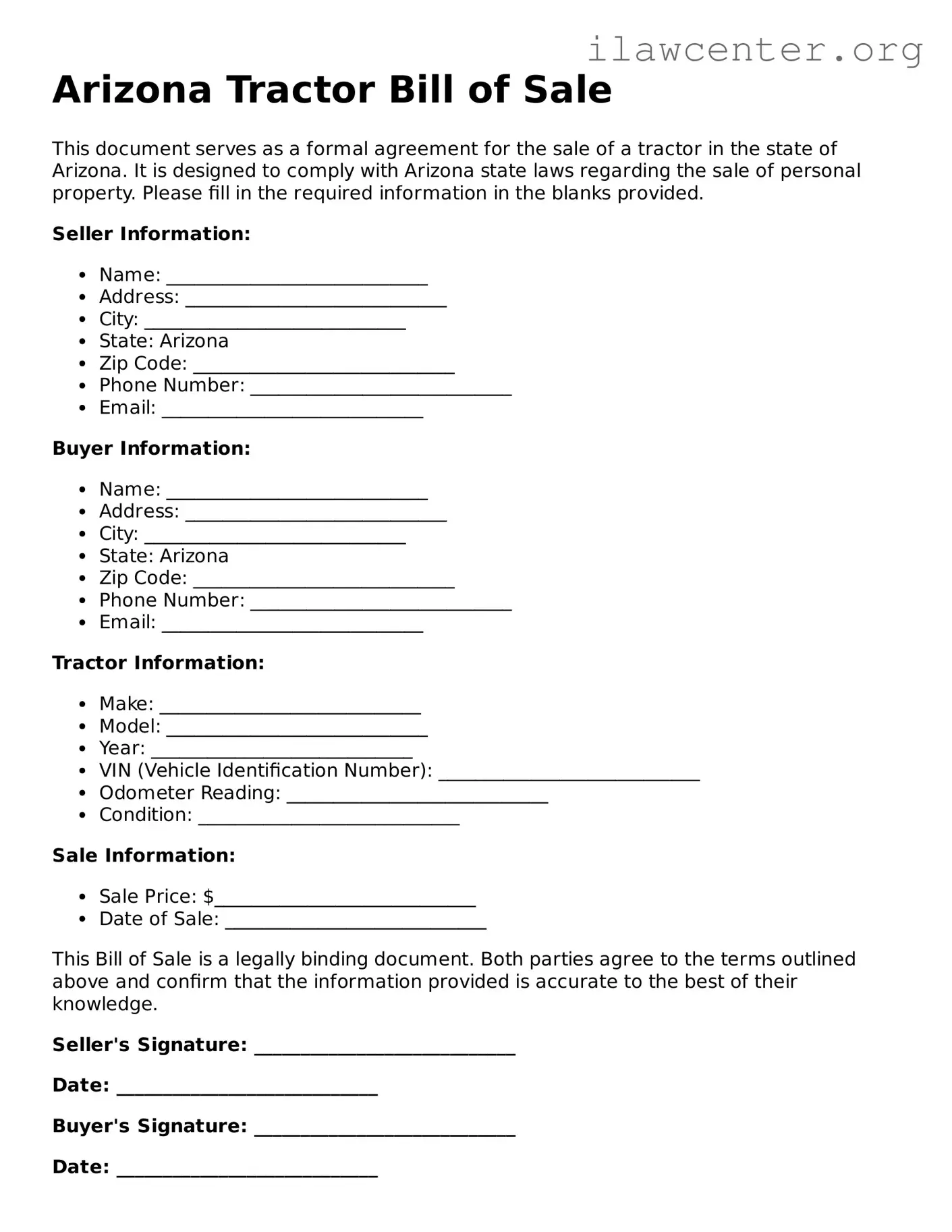 Attorney-Verified  Tractor Bill of Sale Document for Arizona